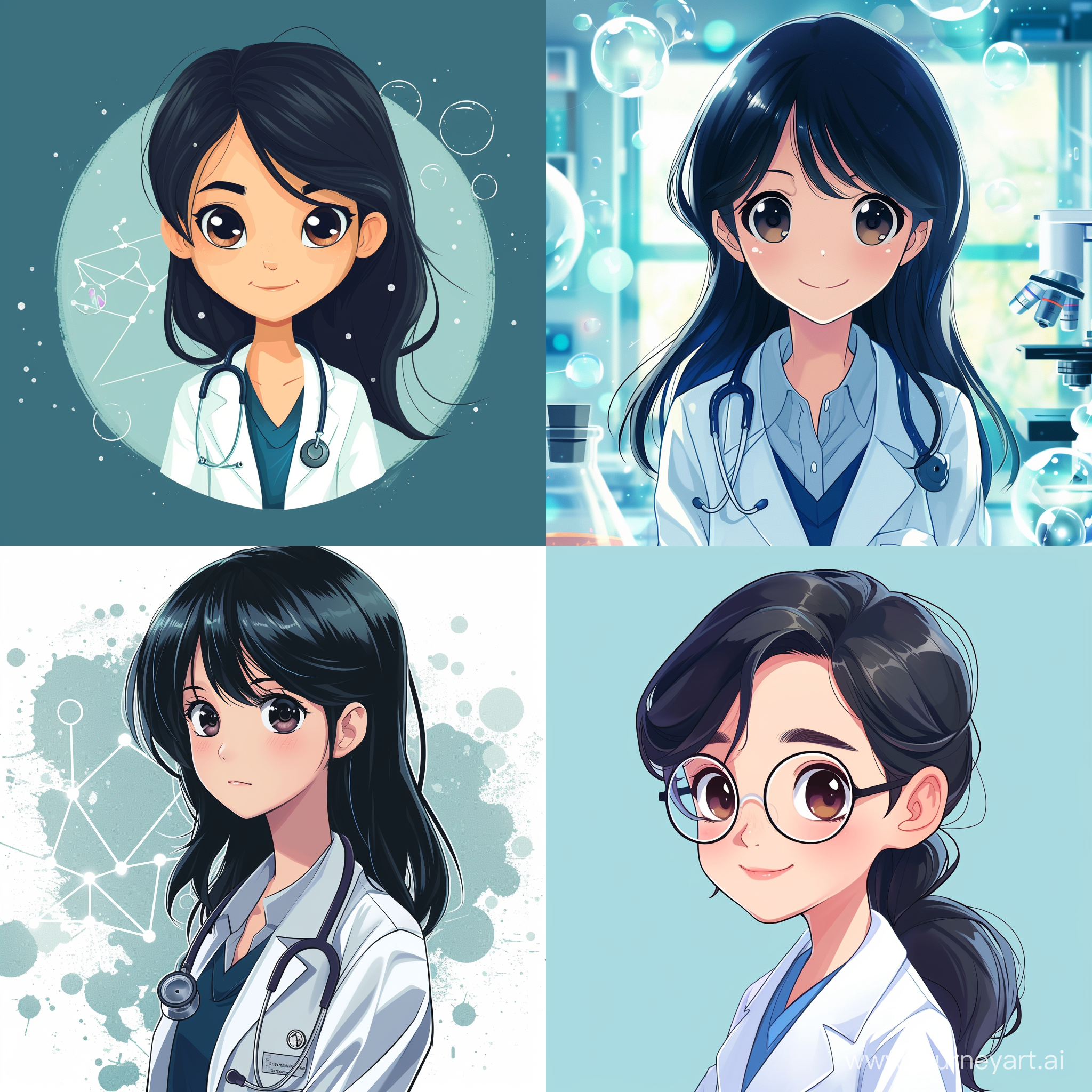 create a cover for a girl medical student with black hair and eyes that teaches science