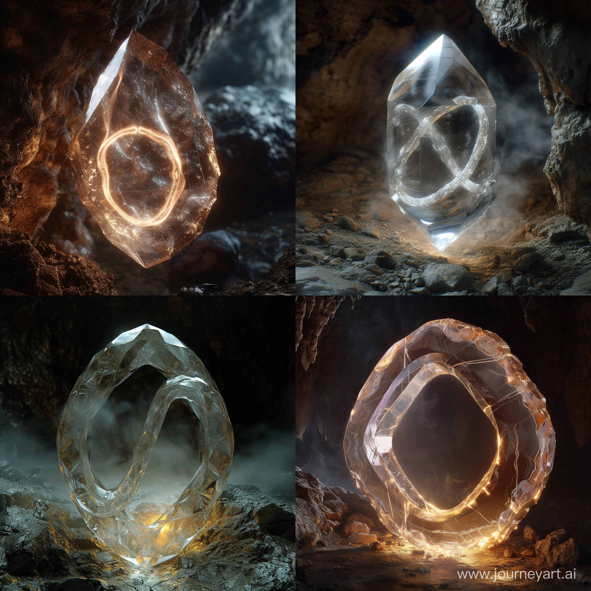 translucent crystal inside with a light haze in the shape of an infinity sign called essence, cave, lotr, realistic, fantasy, 4k, hd