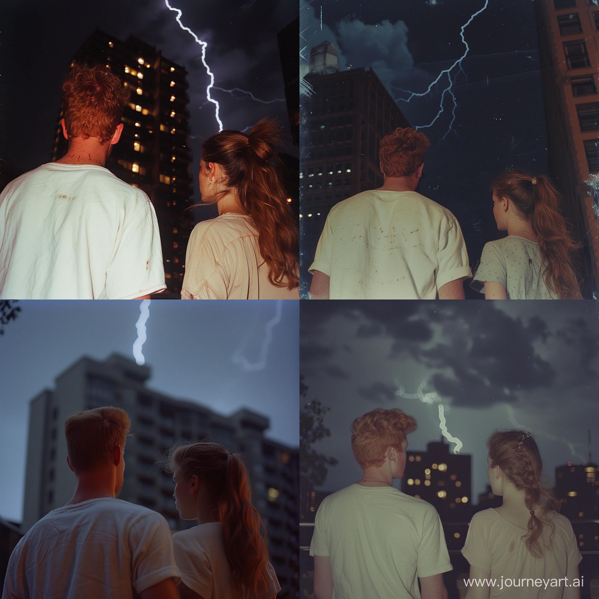 ultra-realitic photo, 16mm, grainy, night building urban scene, redhead man in cotton t-shirt and biege-hair girl, shot from the back. she looks at the sky. artifacts of film processing. old photo from 1997. drammatic lightning in the sky

