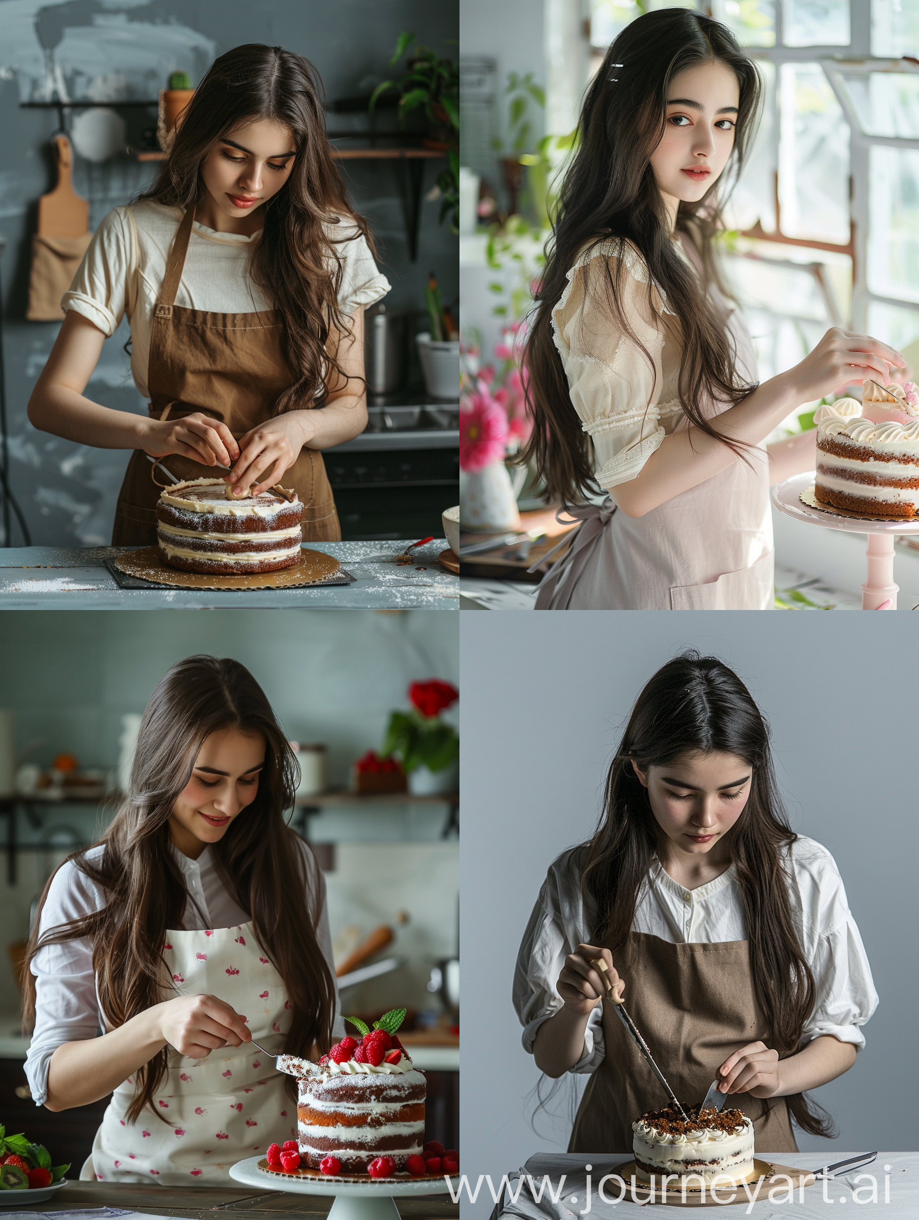 профессиональная съемка, девушка брюнетка с длинными волосами, готовит торт, игривая, фартук на 