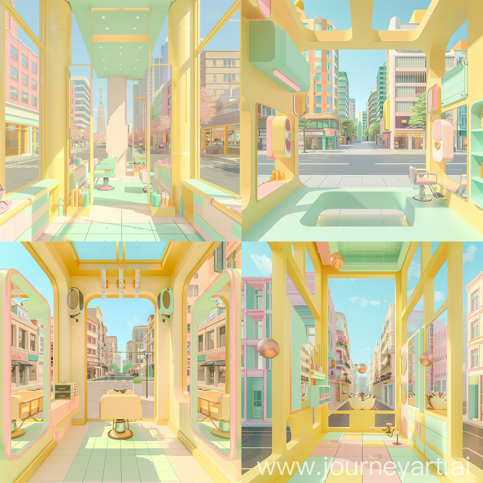 3D game, vector illustration, entryway of a hairsalon, wide 25 degree angle view, city street background,   neighbour buildings to the right and to the left  are fully visible, large square windows where you can see hairdresser equipment, pastel yellow and mint  with pink gold accdents
