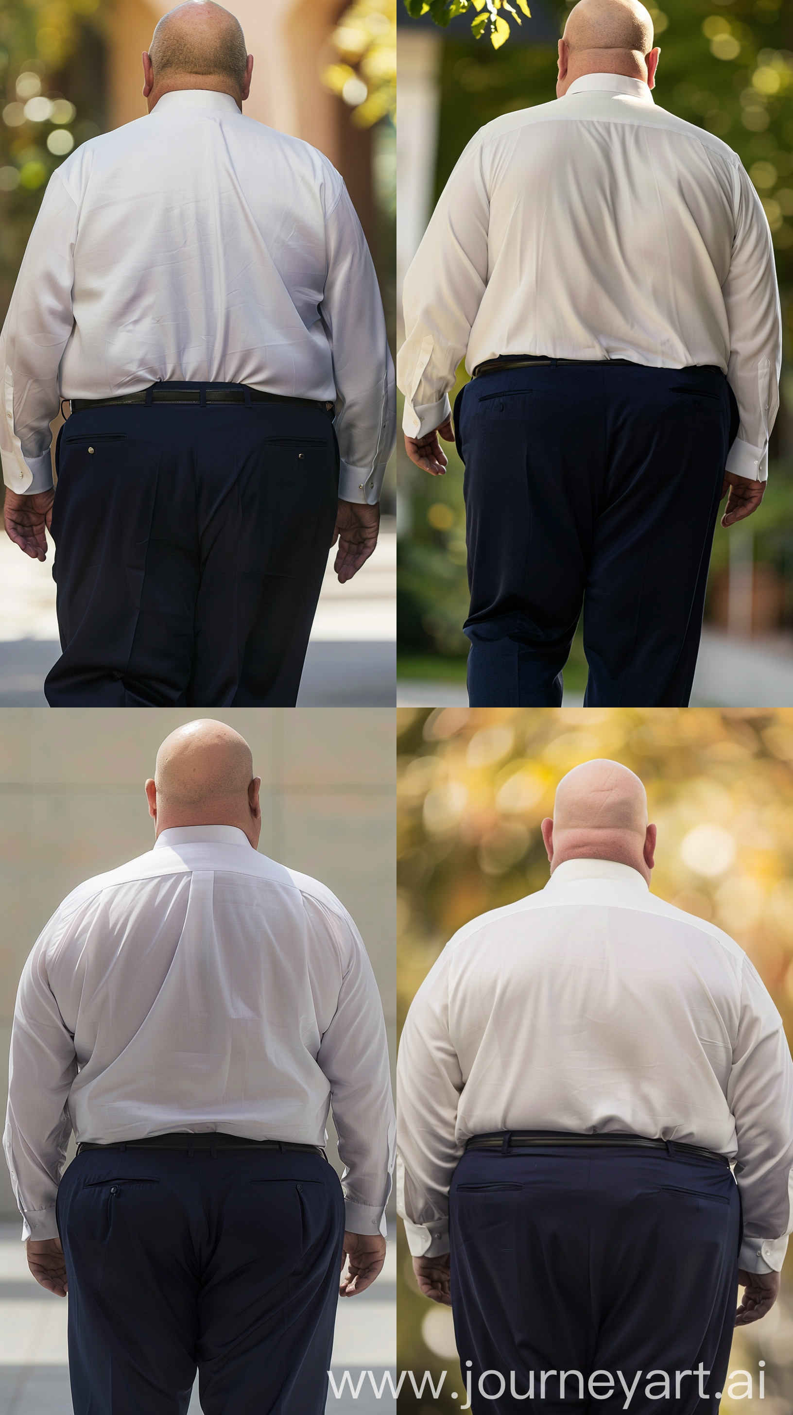 Back view close-up photo of a very fat man aged 60 wearing a navy business silk pants and a tucked in soft white shirt. Outside. Bald. Clean Shaven. Natural light. --style raw --ar 9:16