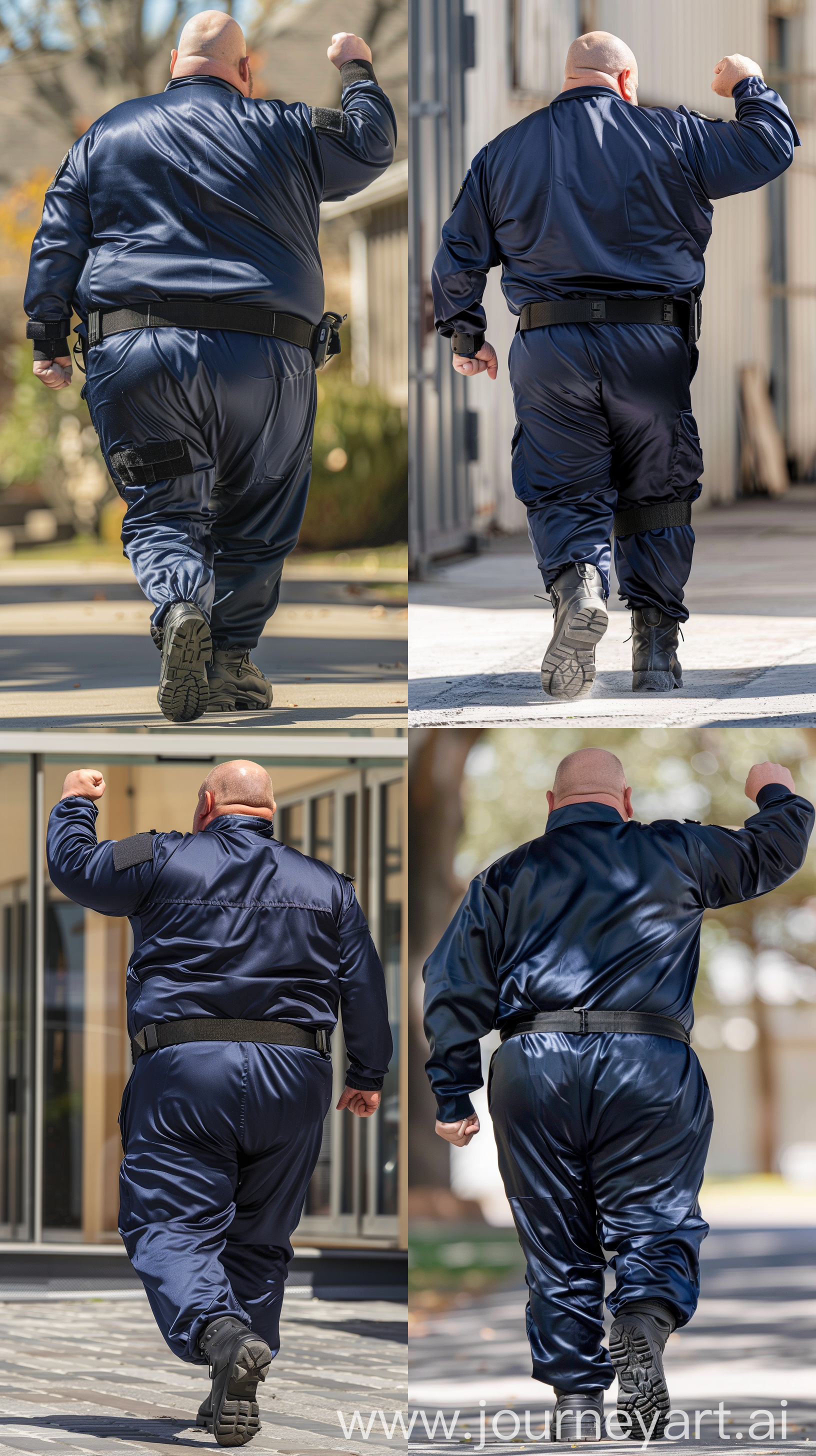 Back view photo of a fat man aged 60 wearing a silk navy blue security guard fitted and stretched full coverall tucked in black tactical boots. Black tactical belt. Walking and lifting his fist in the air. Outside. Bald. Clean Shaven. Natural light. --style raw --ar 9:16