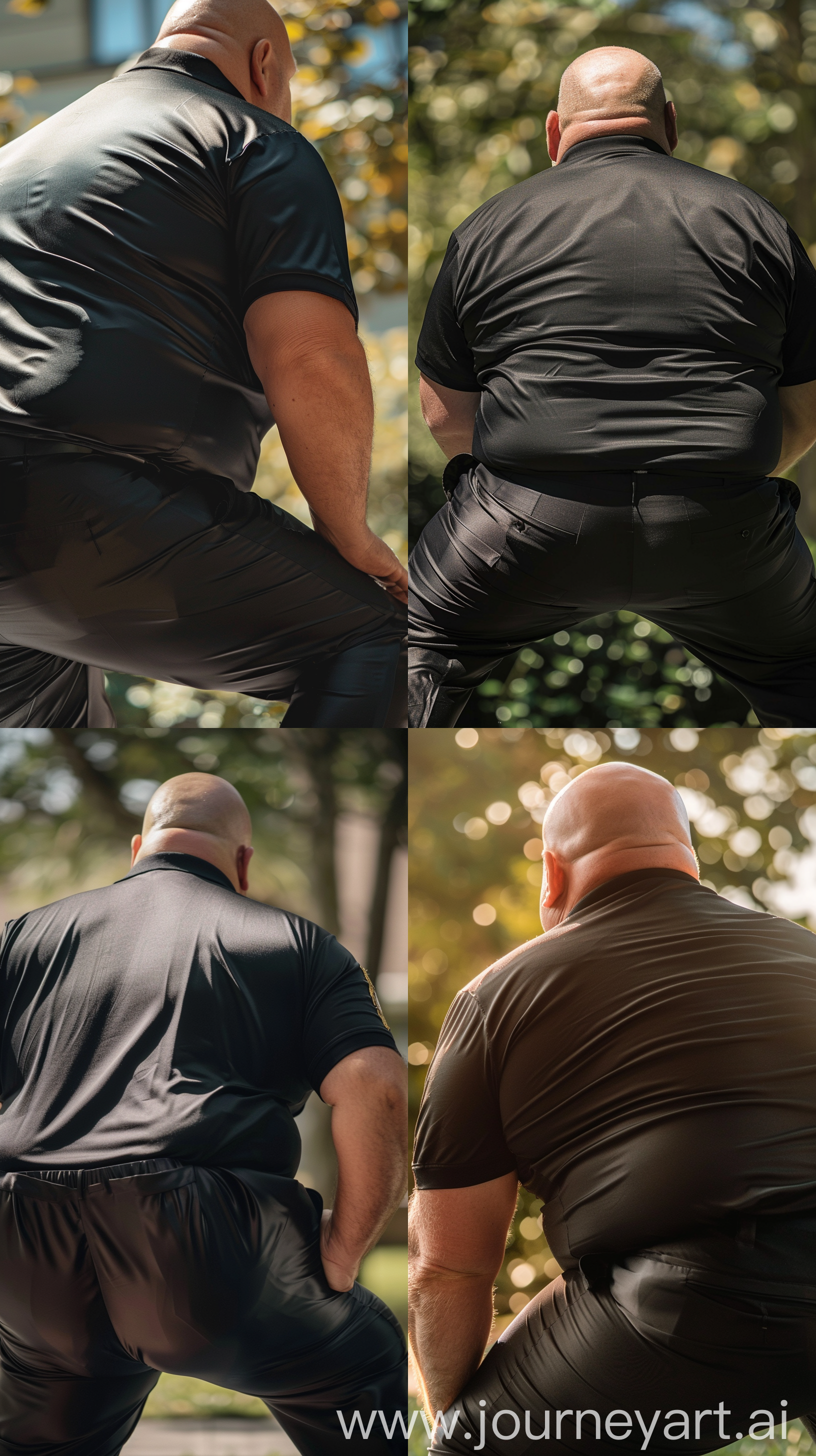 Close-up back view photo of a fat man aged 60 wearing a black slim-fitted security guard silk pants and a tucked in silk black polo sport shirt. Lifting his knee. Outside. Bald. Clean Shaven. Natural light. --style raw --ar 9:16