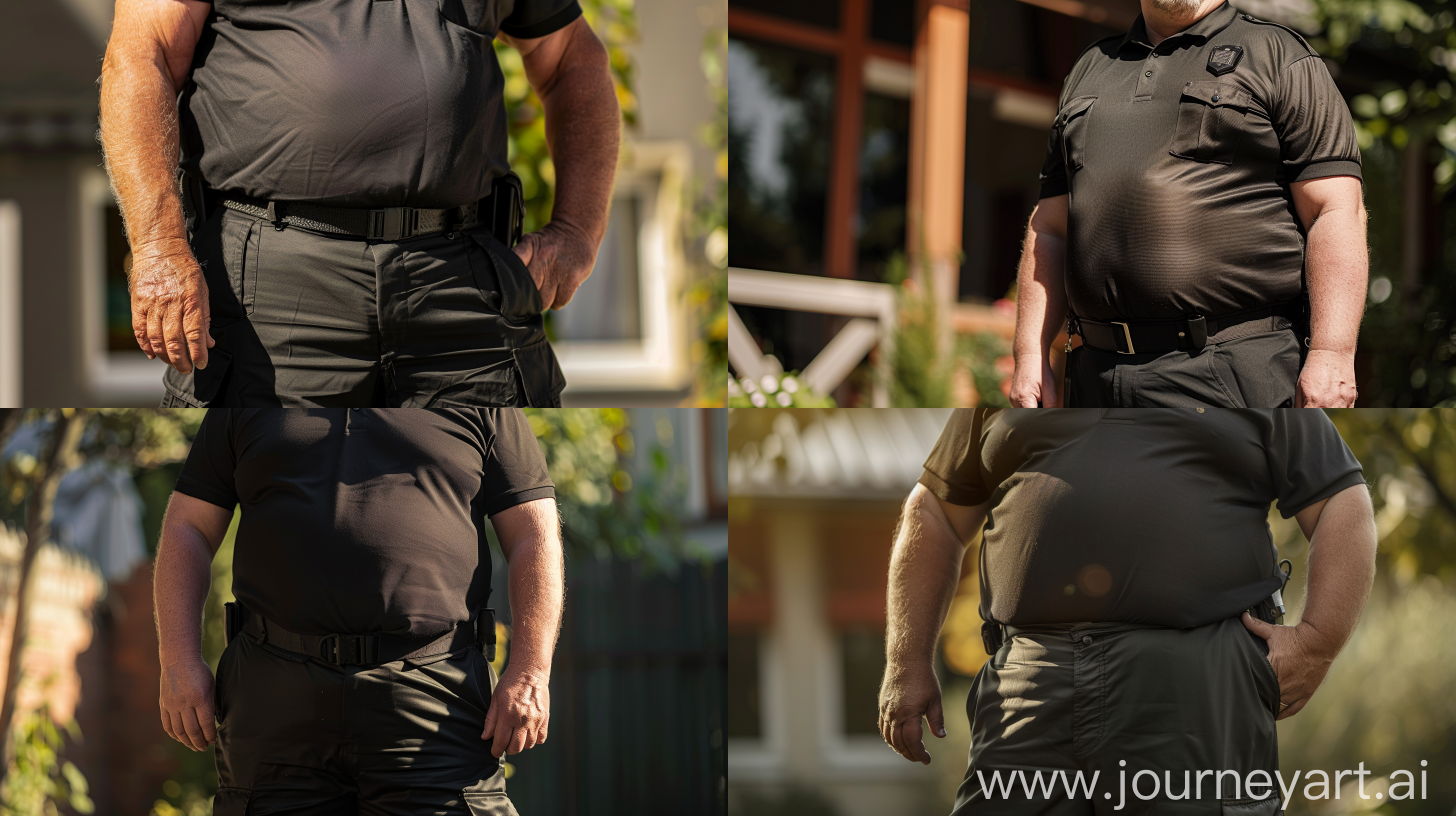 Close-up photo of a fat man aged 60 wearing a silk black security guard battle pants and a tucked in silk black polo shirt. Outside. Bald. Clean Shaven. Natural light. --style raw --ar 16:9