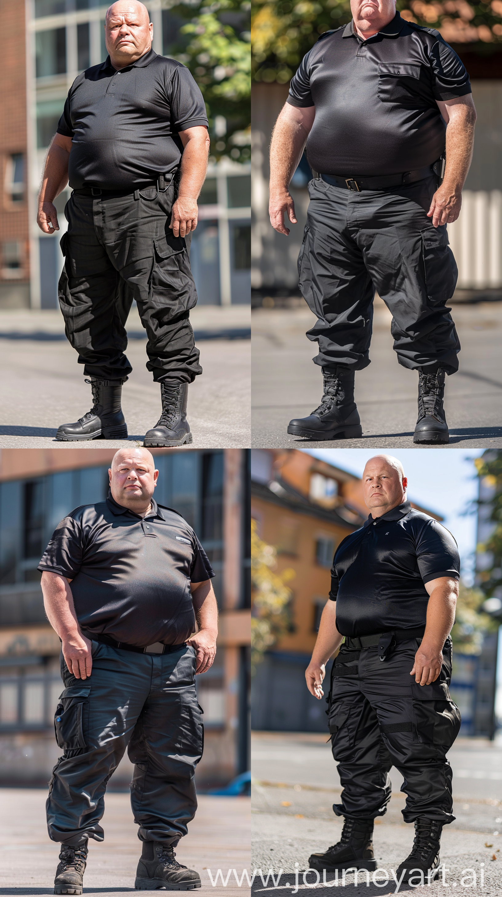 Close-up photo of a very fat man aged 60 wearing a silk black security guard battle pants and a tucked in silk black polo shirt. Black tactical boots. Outside. Bald. Clean Shaven. Natural light. --style raw --ar 9:16