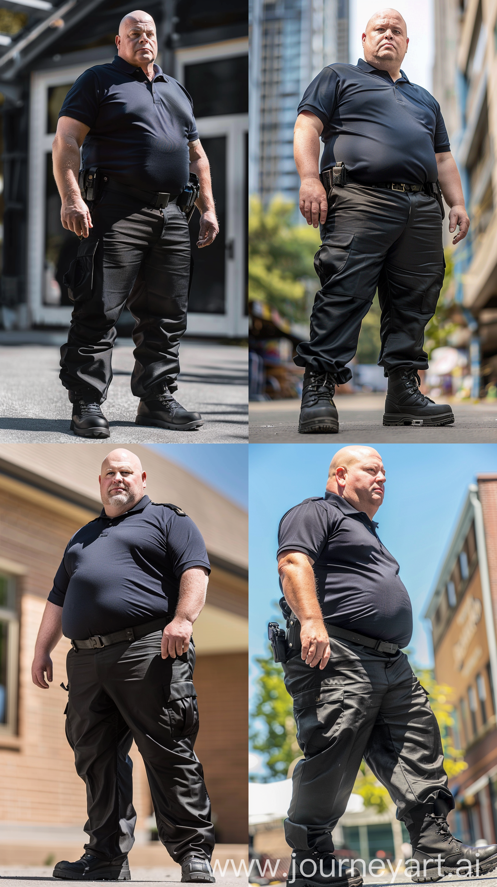Close-up photo of a very fat man aged 60 wearing a black security guard slim-fitted silk pants and a tucked in silk navy polo sport shirt. Black tactical boots. Outside. Bald. Clean Shaven. Natural light. --style raw --ar 9:16