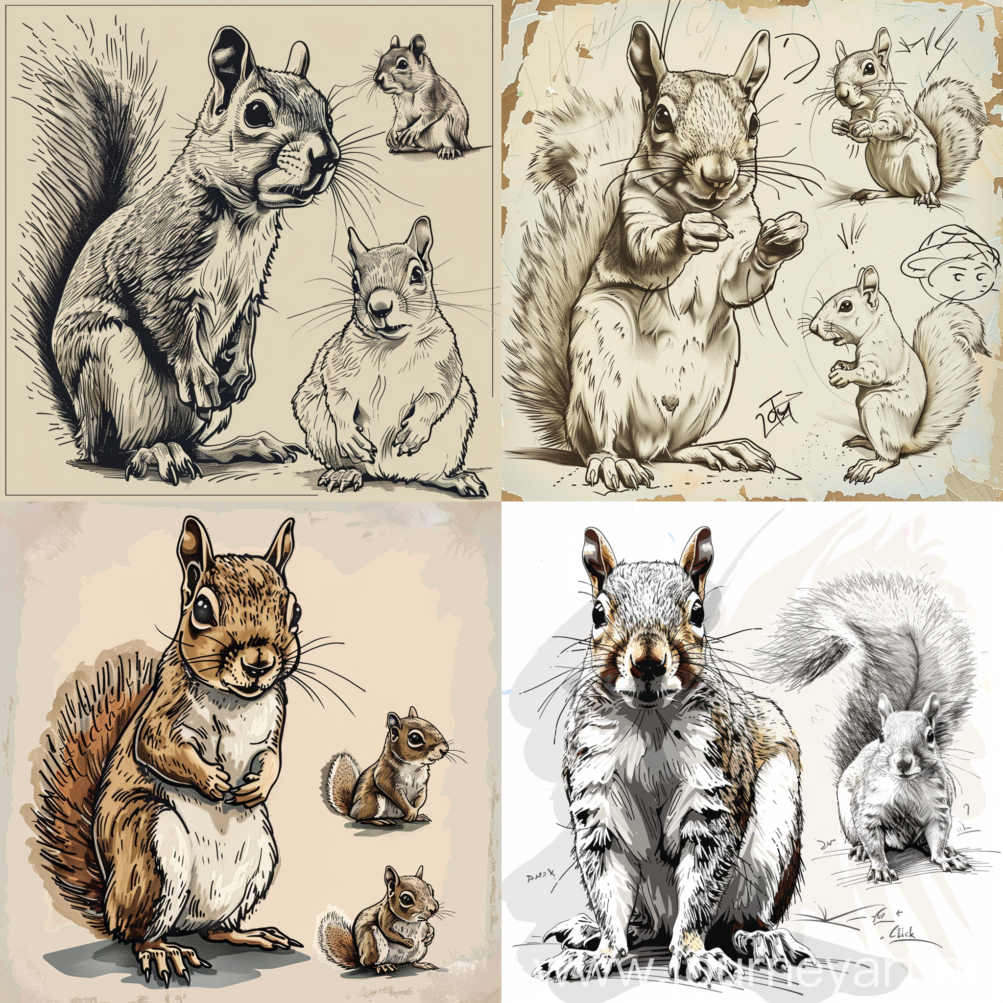 小松鼠的正身全面照和两张做不同动作的小松鼠照，手绘涂鸦风格