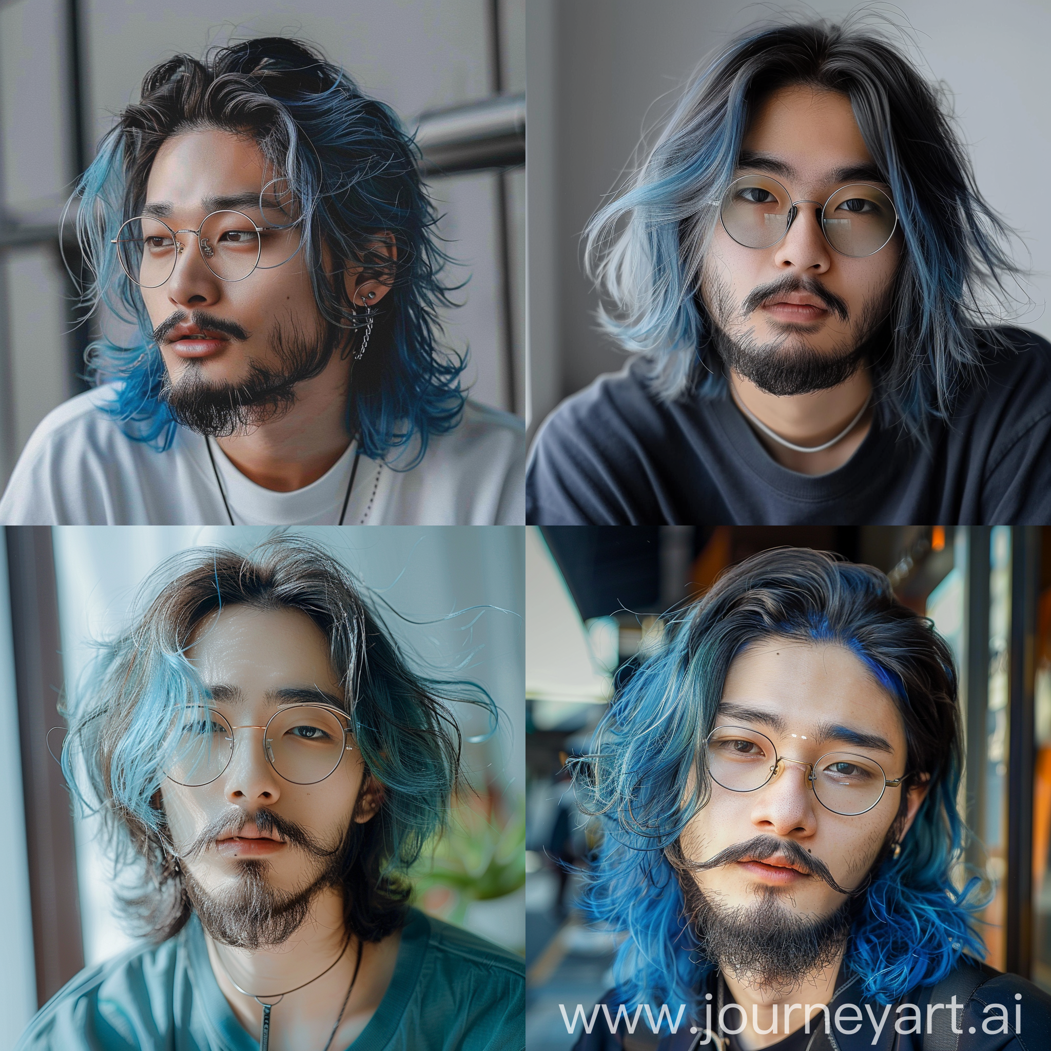 Generate a medium long hair Asian youth, hair slightly dyed blue, delicate and natural some, to the kind of luffian and do not know the temperament and wear glasses to have a beard, beard is not too thick, there is a feeling of literary