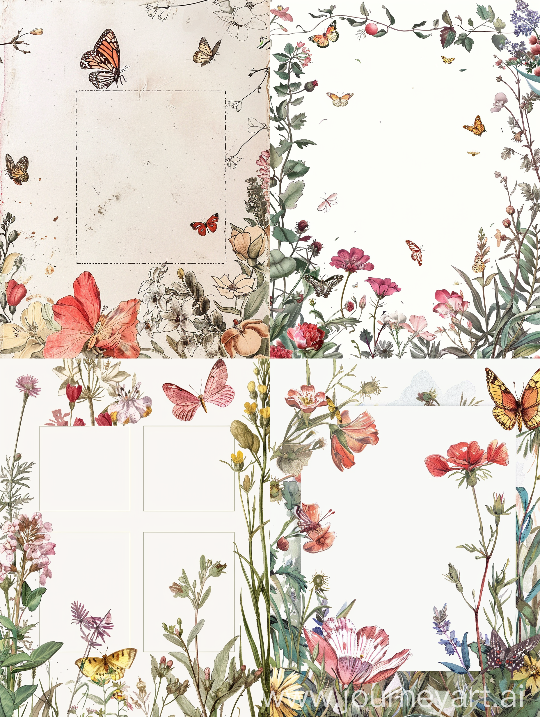 手绘风插画手账，预留主体方形白色块，鲜花和蝴蝶主题