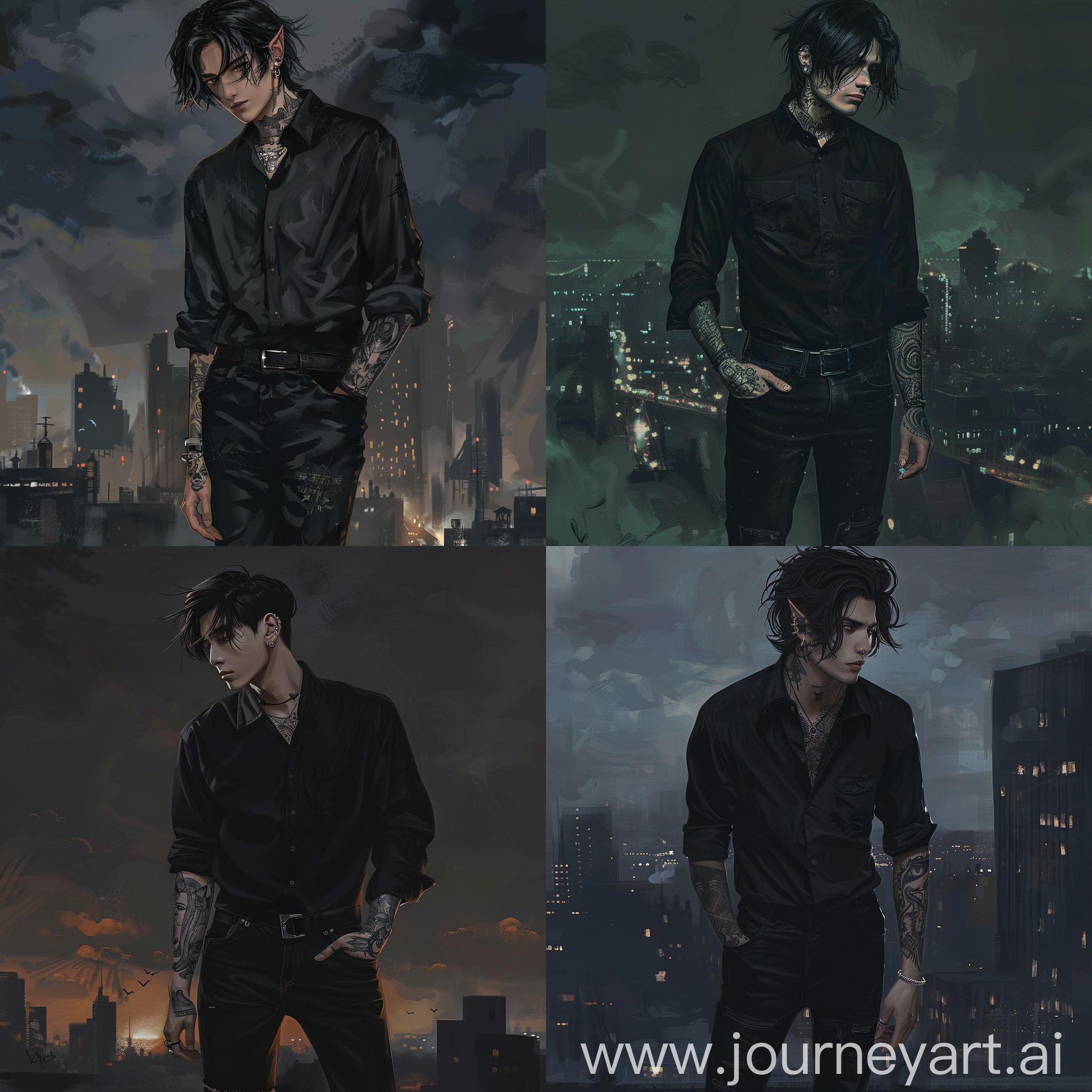 Handsome male, anime digital painting oil painting style, black medium size hair, black shirt, tattoo ,stylish, black jeans, standing, dark city view, vampire , cinematic light, laminating, handsome,hot looking, piercing
