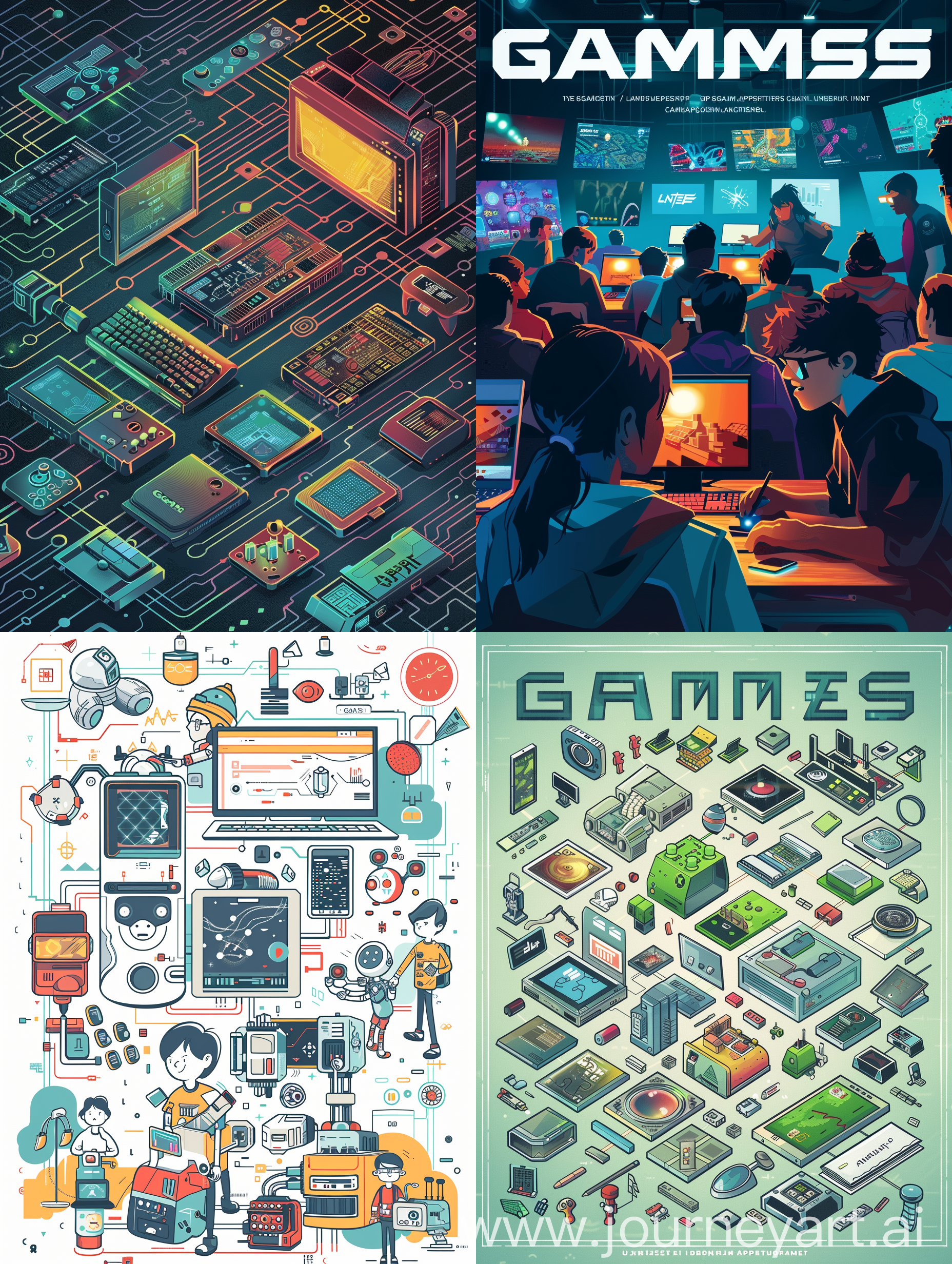 帮助我为一次mini-seminar画一张A4海报，我的主题是“游戏”，讲解了以下内容： 游戏引擎和图形技术的演进：介绍一些主流游戏引擎的发展历程，以及它们如何推动了计算机图形学的发展，例如Unity引擎、虚幻引擎等。 游戏对硬件发展的影响：游戏对显卡、处理器等硬件的要求，以及这些硬件如何不断升级以适应游戏的需求。 游戏中的人工智能应用：介绍游戏中常见的人工智能技术，如NPC的行为设计、智能对手的算法等，以及它们对计算机科学的贡献。 游戏对社交和协作的影响：讨论多人在线游戏和团队合作游戏如何促进玩家之间的社交互动和协作能力的发展。 游戏中的教育应用：探讨其他类型的教育游戏，如数学、语言学习、科学等领域的游戏应用。 游戏文化和社区：介绍游戏文化的发展，玩家社区的形成以及游戏对文化传承和社会影响的作用。
