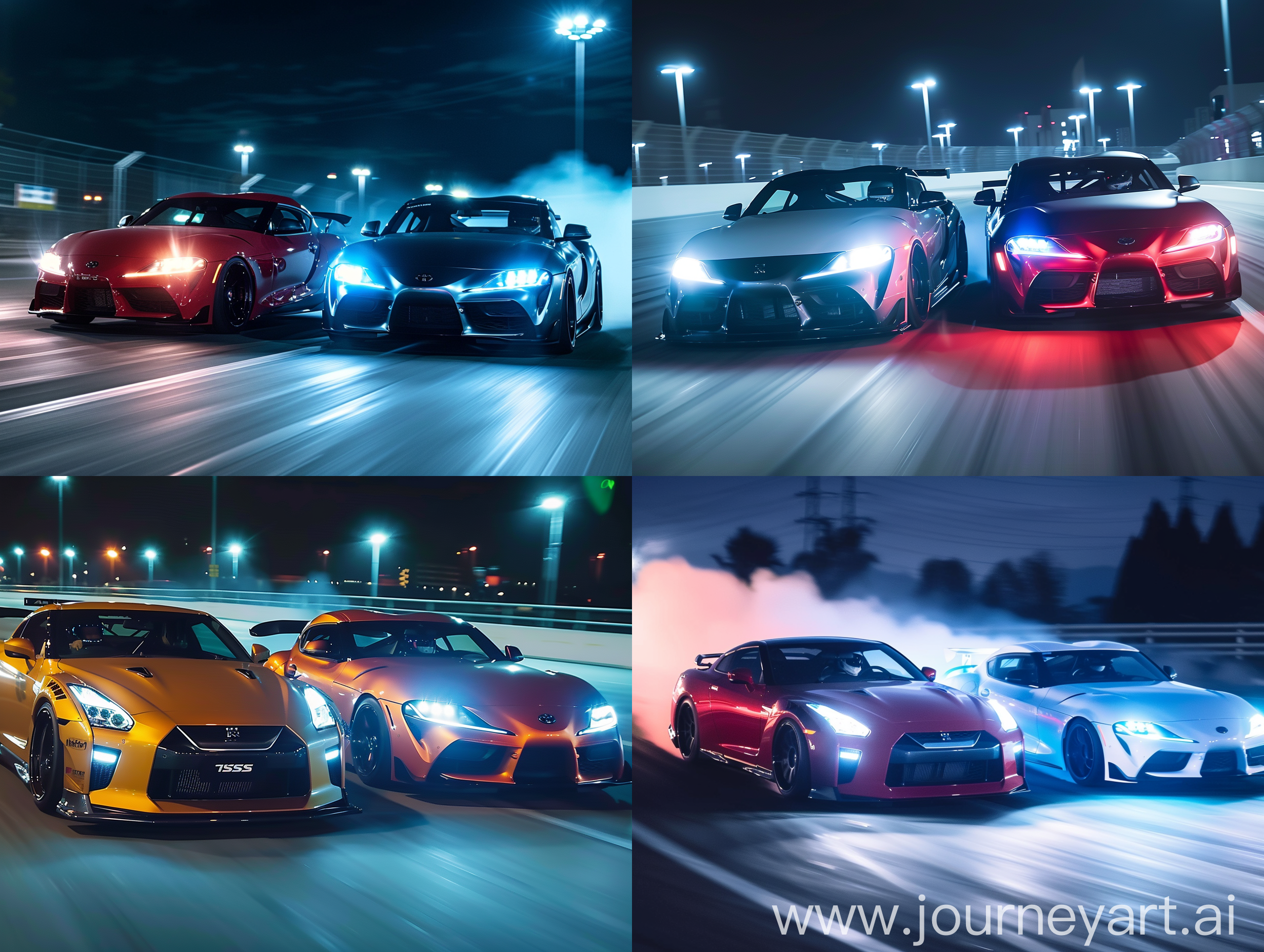 Make a concept car from Nissan GTR 34 and Toyota Supra at night driving drifting