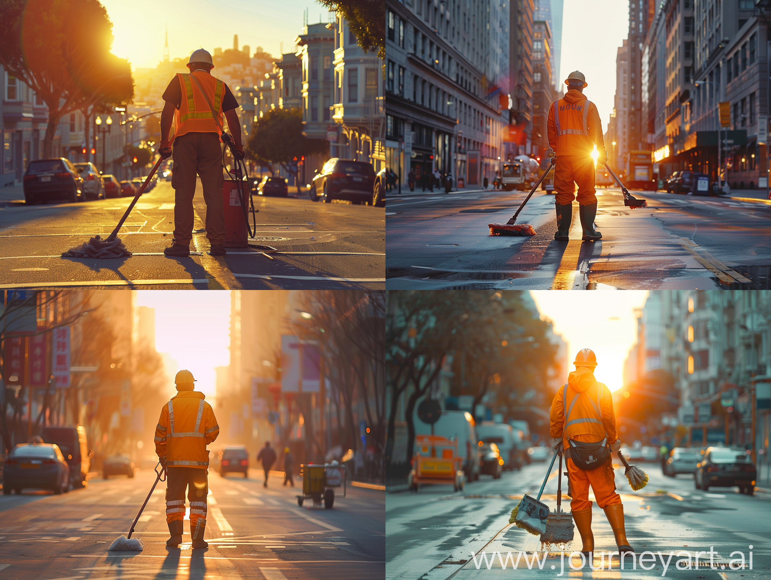 Movie shot, panorama, early morning facing the morning glow, clean and tidy city street, a sanitation worker in the center is holding cleaning tools and is working