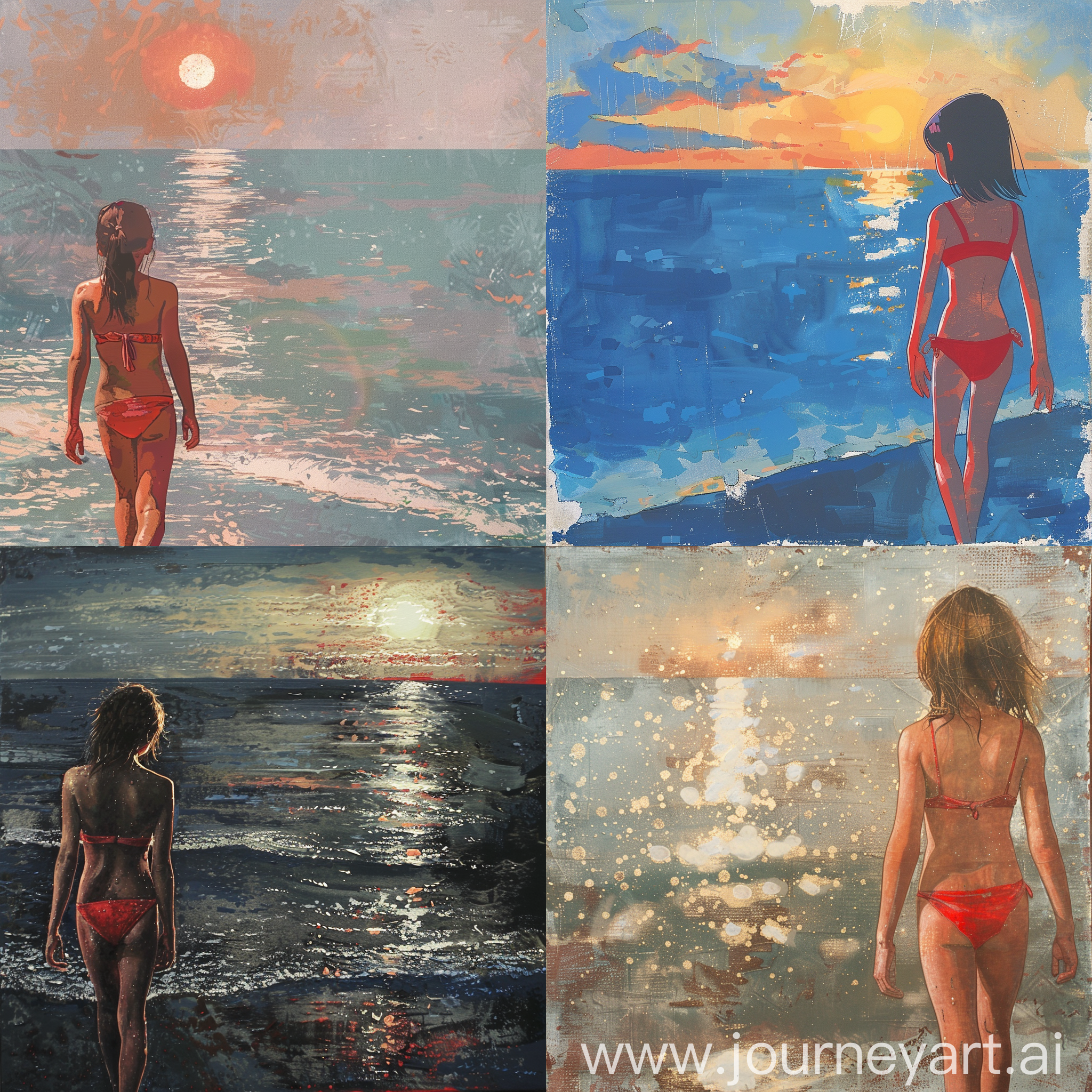 一个夏天的傍晚，一个穿着红色比基尼的年轻女孩子正在海边散步，这时落日的余辉洒满了整个海面