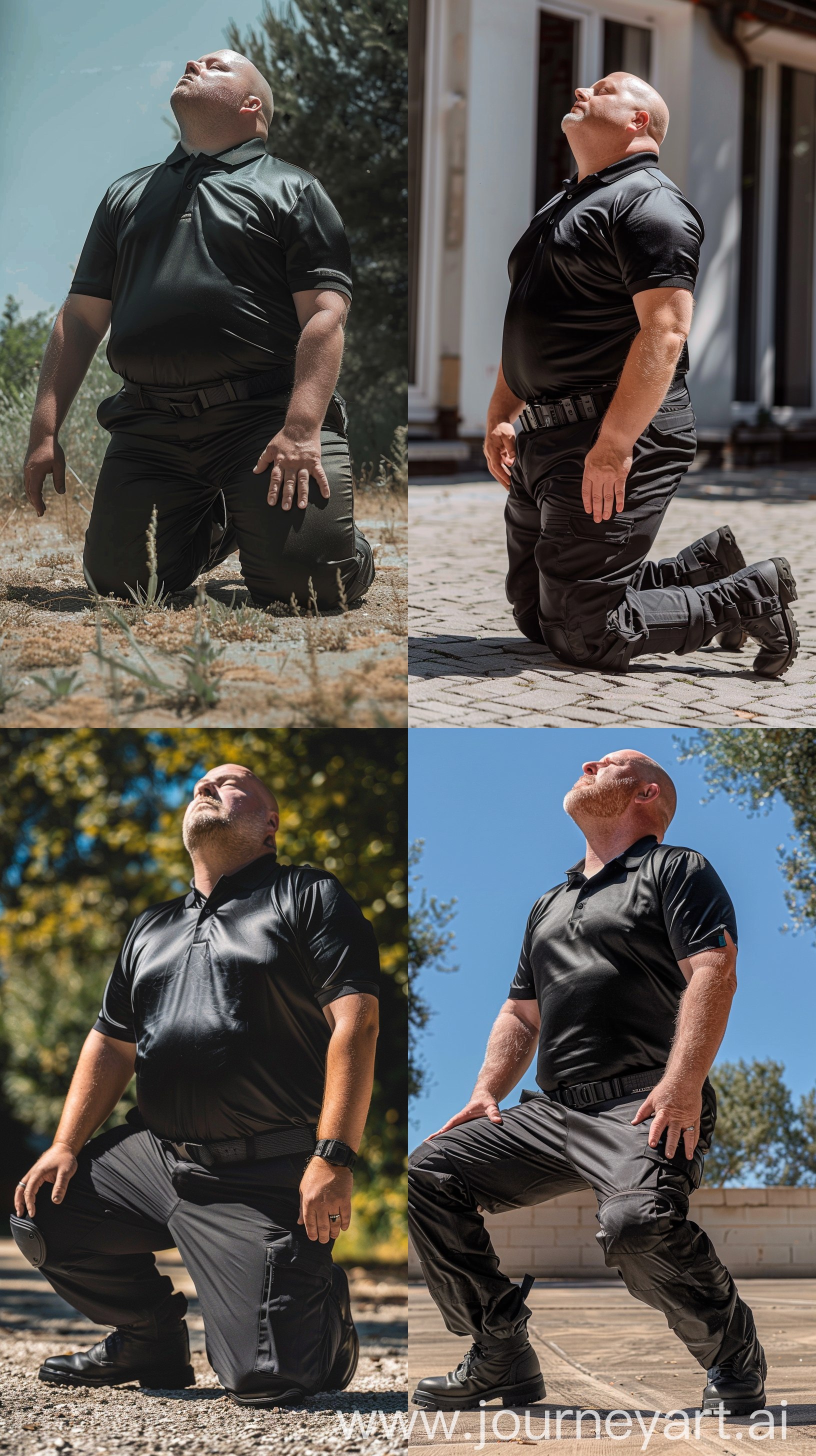 Photo of a fat man aged 60 wearing black silk sport polo shirt and a fitted and stretched silk black battle pants tucked in black tactical boots and a black tactical belt. Falling on his knees on the ground looking at the sky. Outside. Bald. Clean Shaven. Natural light. --style raw --ar 9:16