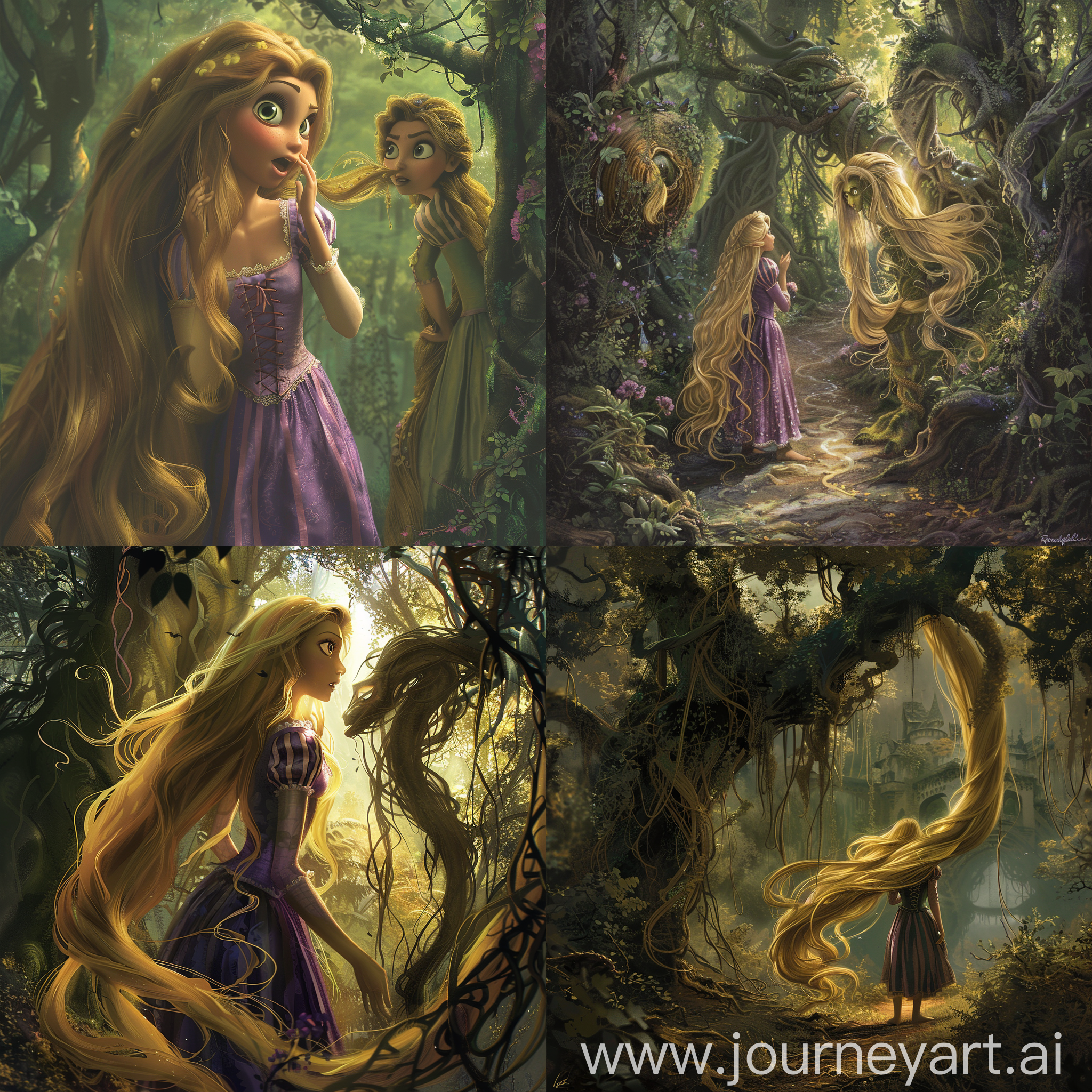 "Rapunzel, amidst her journey through the enchanted forest, encounters a mysterious creature whispering secrets of her destiny. Describe her reaction and the choices she faces as she navigates the unknown path ahead."