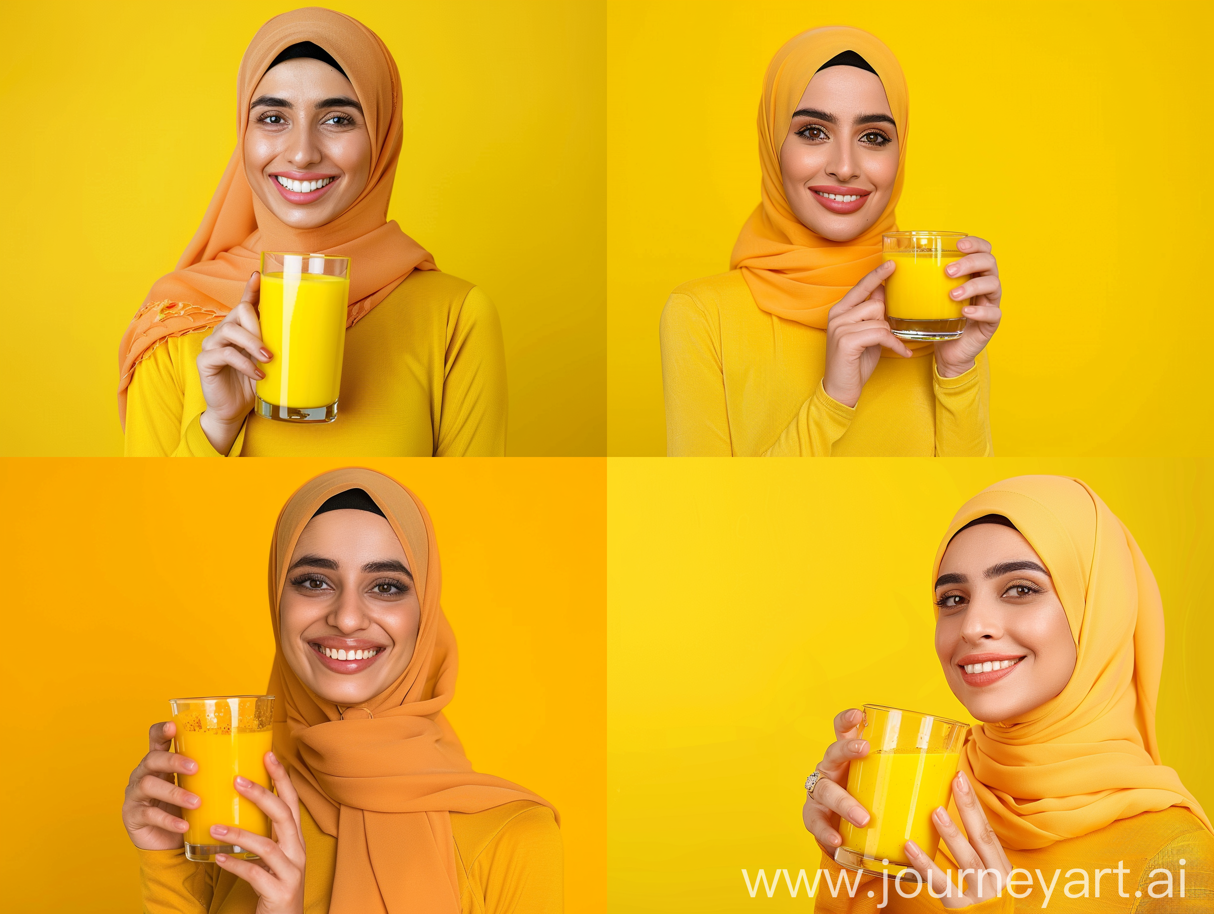 Studio photo with a bright yellow background of an Arab woman holding a glass of turmeric milk.