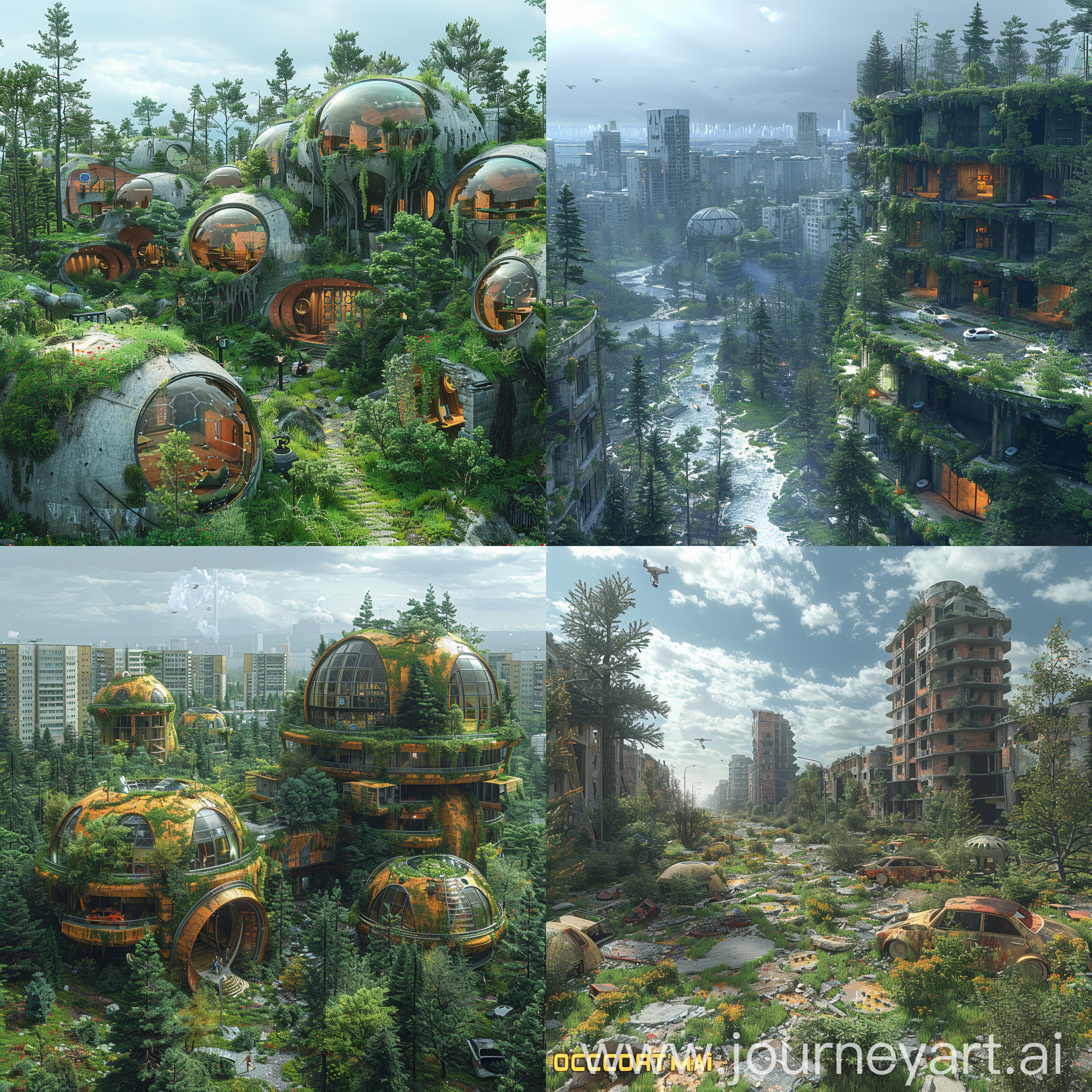 Ultramodern, futuristic Pripyat, The Sarcophagus, Nature Reclaimed, Tech Enhanced, Robotic Cleanup, Self-Driving Cars, Drone Deliveries, Vertical City, Geothermal Power, 3D-Printed Housing, Advanced Healthcare, Educational Hub, Virtual Reality Tourism, AR Games and Learning, Smart Homes, Vertical Farms, Renewable Energy, Advanced Transportation, Waste-to-Energy Plants, Desalination Plant, Climate-Controlled Domes, AI Assistants, octane render --stylize 1000