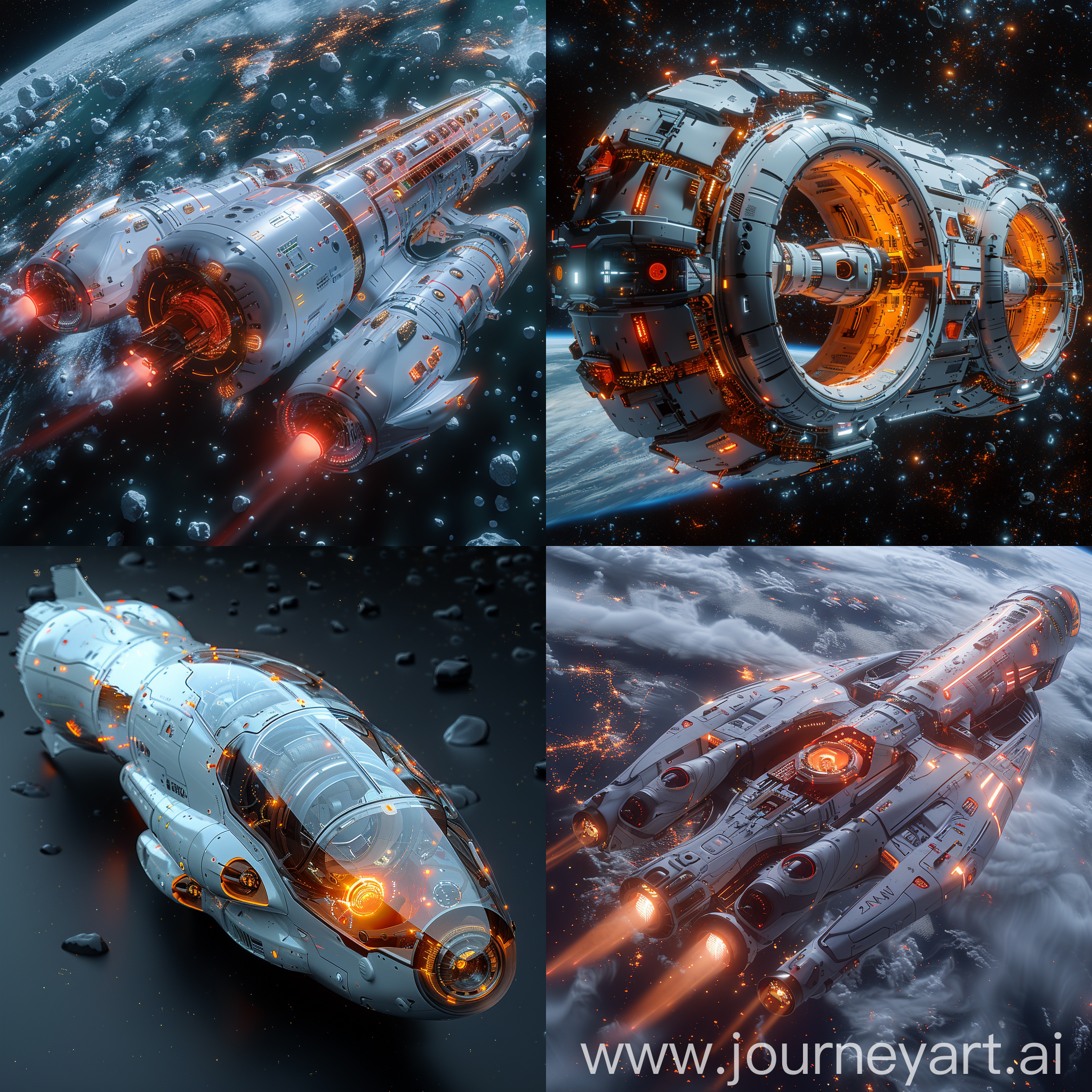 Ultramodern, futuristic rocket, Morphing, self-repairing hull, Plasma propulsion drive, Artificial gravity ring, Closed-loop life support system, Advanced AI navigation, Modular design, Holographic communication, Onboard 3D printing, Interstellar dust collection system, Interstellar highway network, octane render --stylize 1000