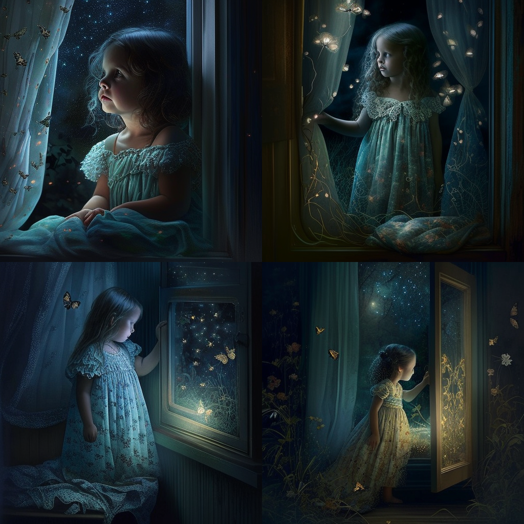distant small barn
Glimmering stars
young sweet child
Cascading hair
Delicate lace nightdress
The magical glow of fireflies dancing in the night






whimsy.