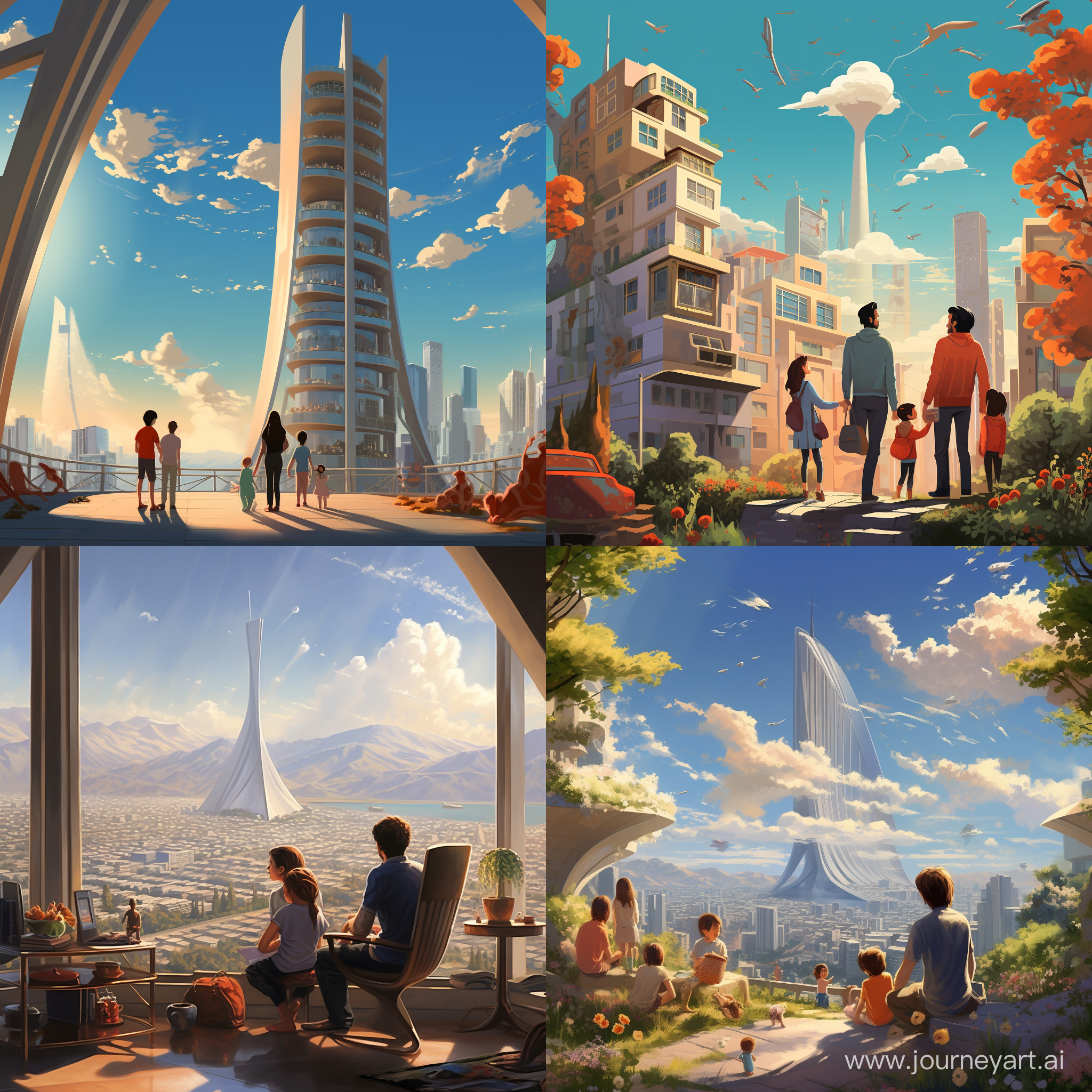 A building is located in Tehran in 2040. The weather is sunny and the sky is clear. The Happy Family can be seen in the scene.