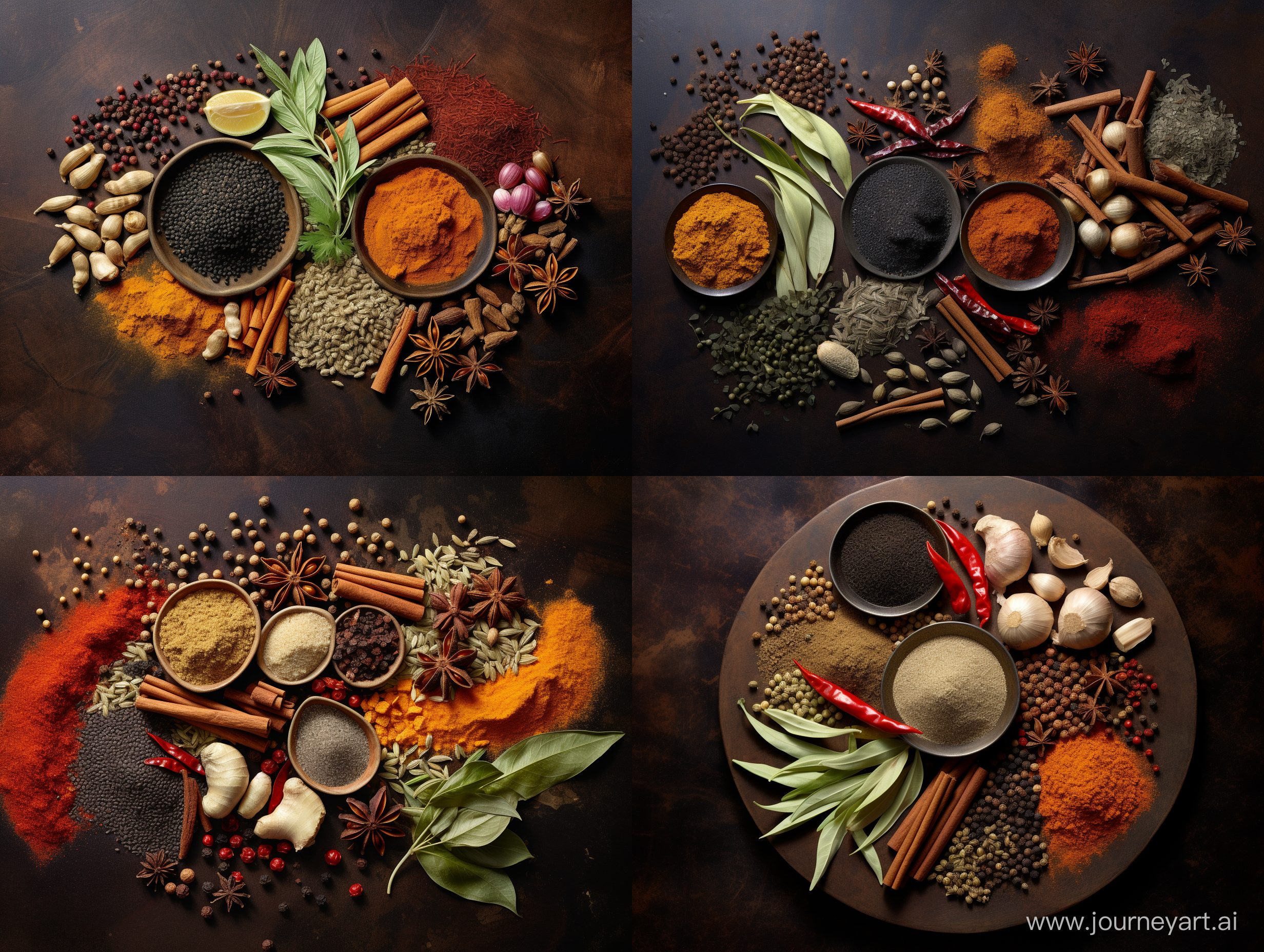 Create a composite, high-resolution product image showcasing a selection of spices: Black Cardamom pods, Turmeric rhizomes, Garlic bulbs, and Black Pepper corns. Each spice should be presented in an aesthetically appealing, organized mosaic pattern on an earthy, textured stone surface to emphasize the rich natural colors and textures. Use dramatic, directional lighting casting gentle shadows to enhance the contours and granular details of the spices, making the textures appear tactile. Incorporate vibrant, yet natural saturation to highlight the unique color of each spice — the deep browns and blacks of the cardamom and pepper, the bright yellow of the turmeric, and the contrasting white tones of the garlic. Frame the composition in such a way that each spice has its own space but collectively forms a harmonious quartet, symbolizing culinary diversity and richness. Add a gentle fade to the edges to subtly focus the eye toward the center of the image. Consider using a top-down perspective to give an impression of an artistic, culinary flat-lay photograph