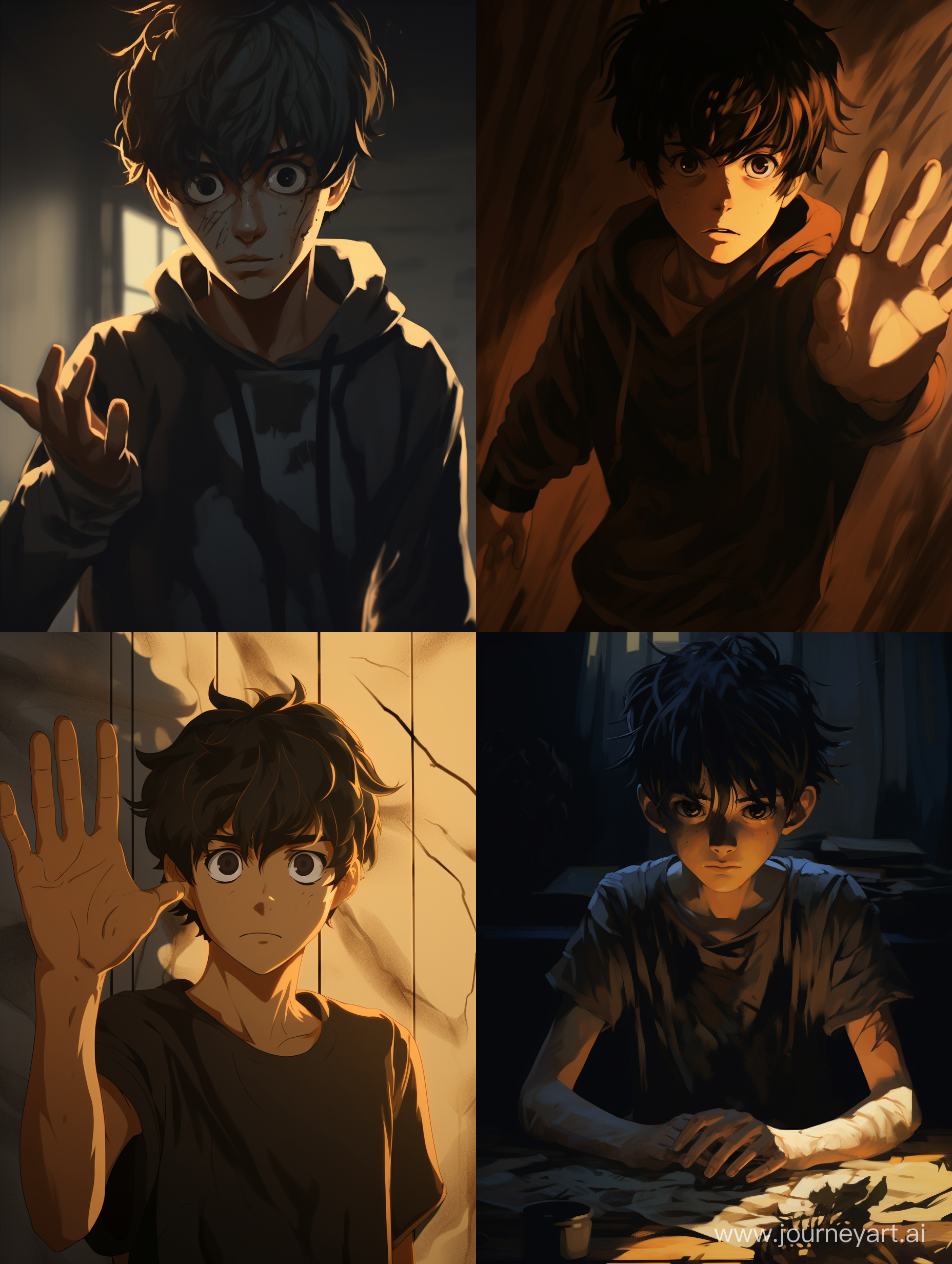 the boy, anime style, the shadows are reaching out 