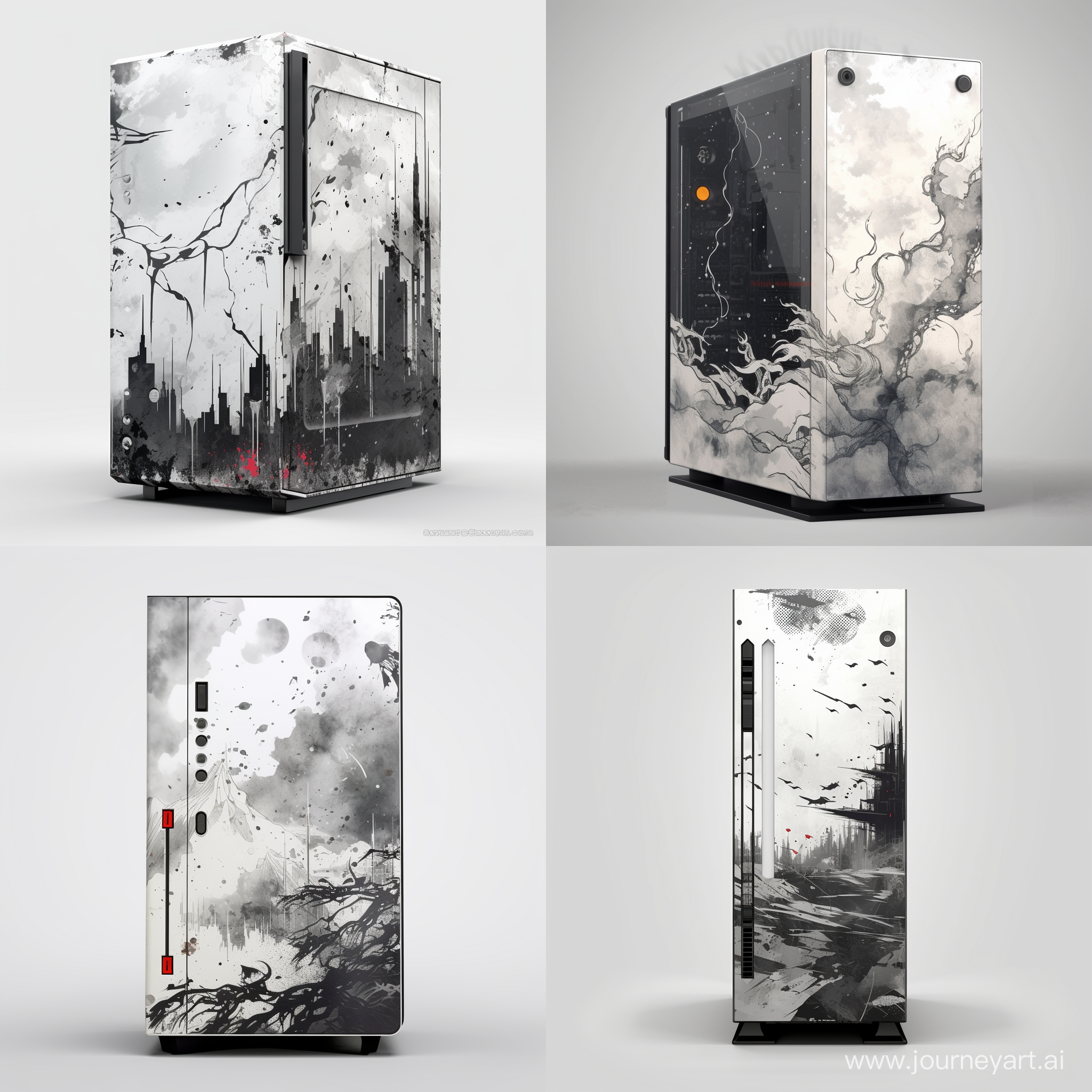 Full Tower PC with vinyl sticker with solid black and white blurs with gray splashes