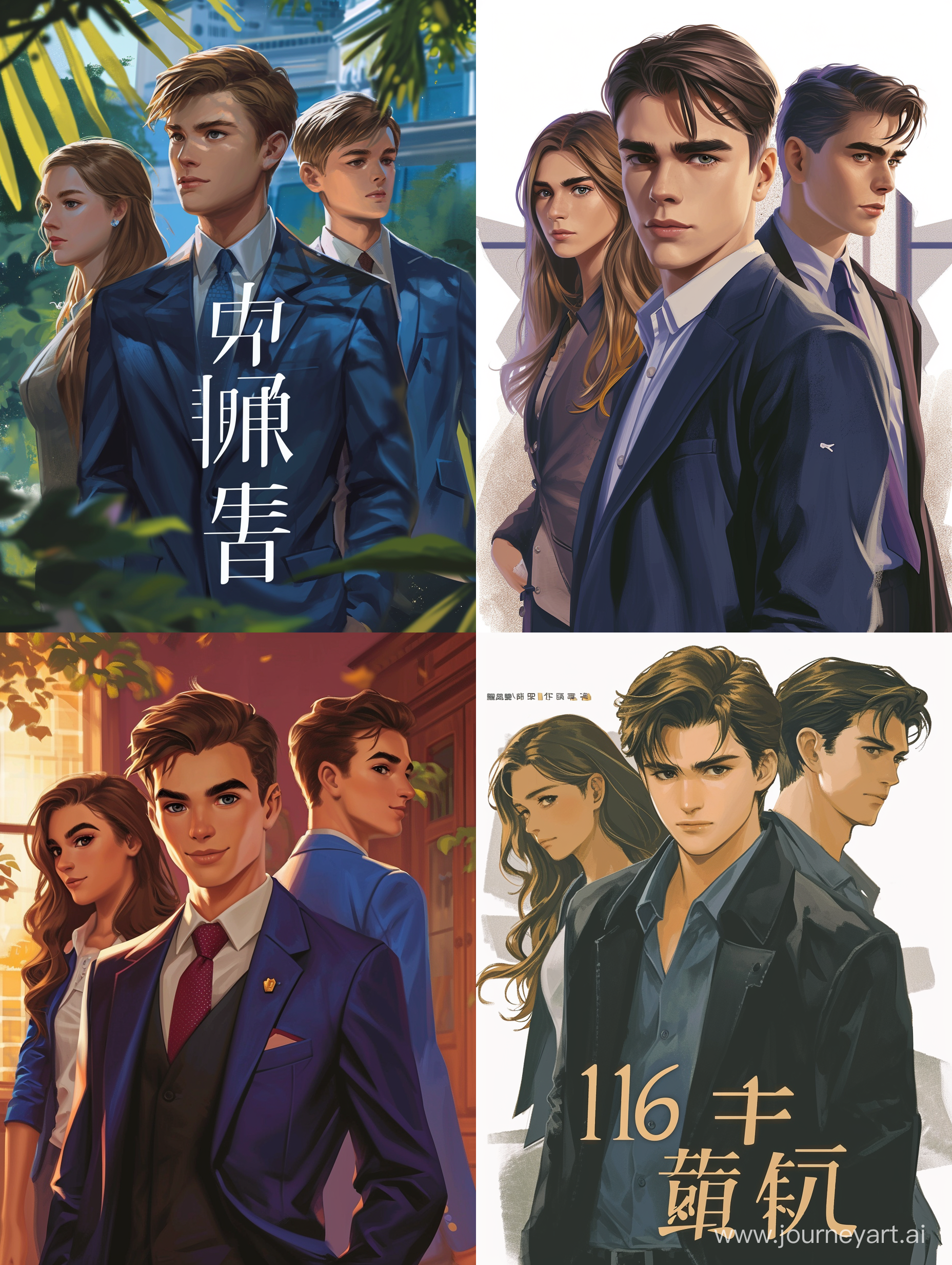 Create a cover for the book. There should be only three main characters in the picture. In the center is a smart, handsome, strict 16-year-old teenager. Behind his back or next to him is the hero's cheerful, silly younger brother and his girlfriend, a beautiful smart girl. The figures and faces of the characters should be as real as possible, as in the photo. The main character's clothing style is strict, his brother's is teenage.