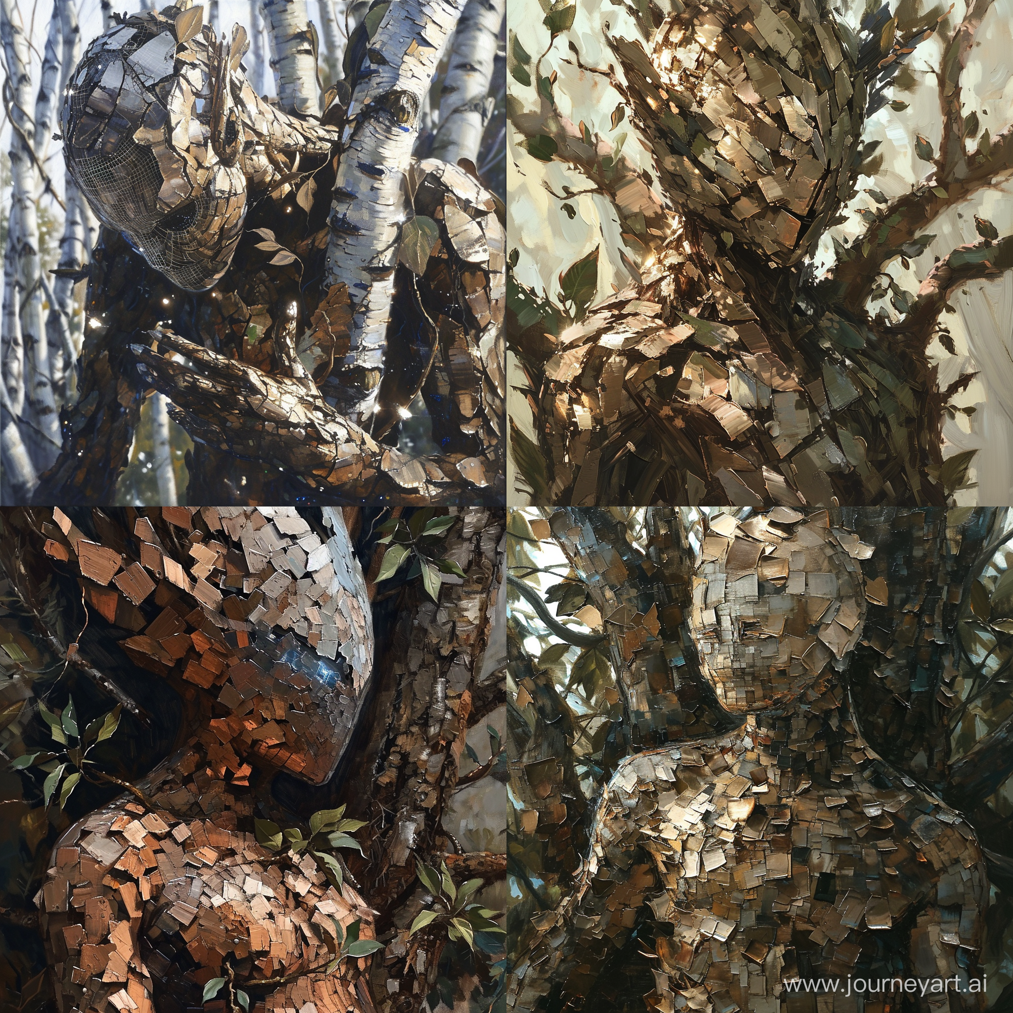 A glitchy dryad, an ornamental creature with a mix of organic and digital elements, is portrayed in an oil painting. The image showcases a stunningly detailed composition, with intricate brushwork that brings the subject to life. The dryad's body appears distorted, as if affected by a digital glitch, with pixelated bark merging seamlessly with shimmering metallic leaves. The juxtaposition of the glitch and the traditional oil painting technique creates a mesmerizing effect. This high-quality image captivates viewers, inviting them to delve into the collision of nature and technology in this surreal depiction of a digital forest.