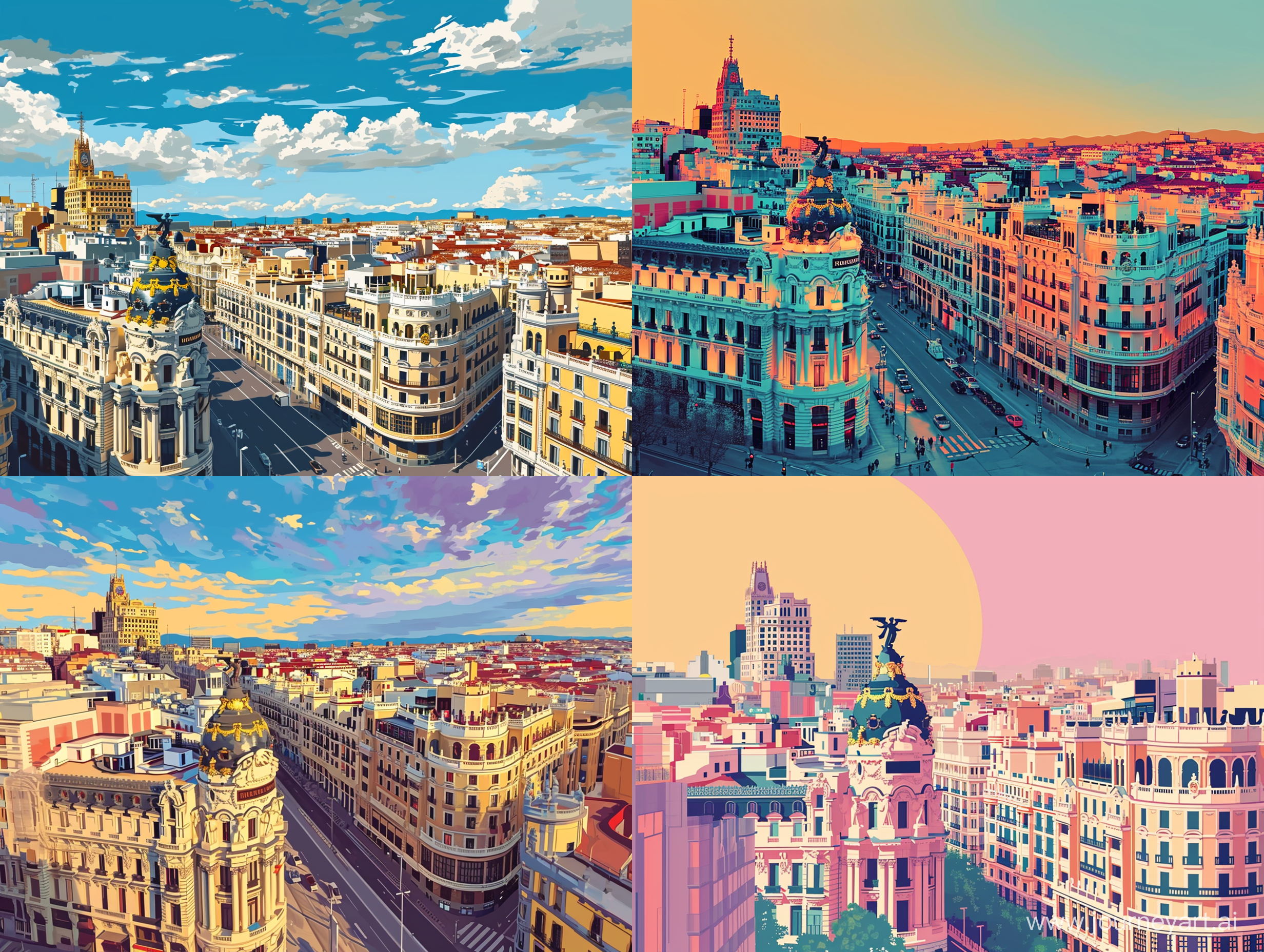 A picture of Madrid city inspired by Hiroshi Nagai and the City Pop Art Style