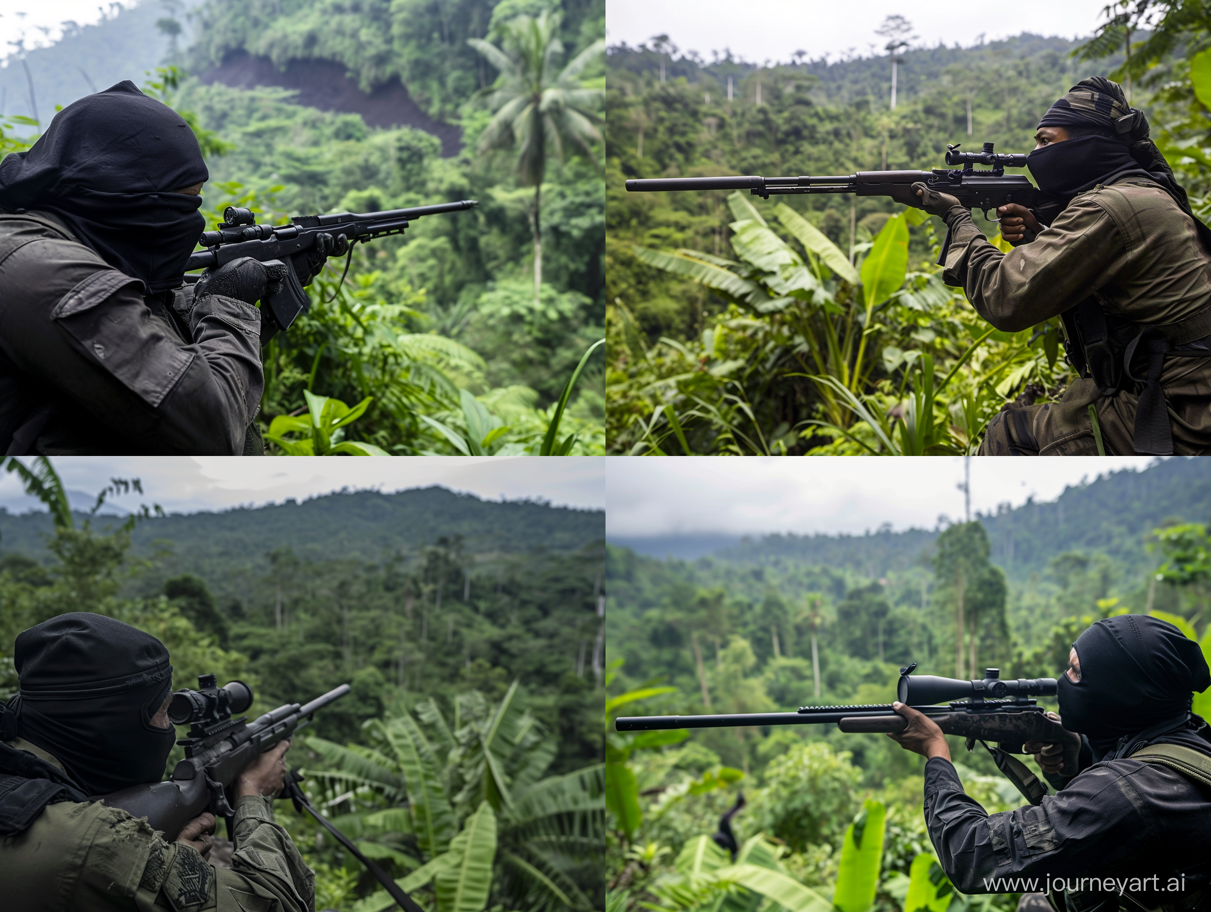 An Indonesian soldier wearing a black mask and holding a long rifle aims towards a ridge in a dense forest.