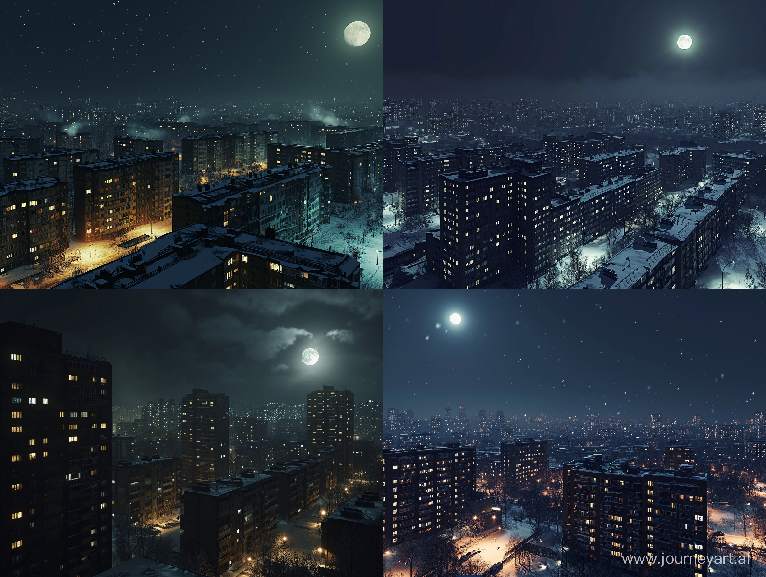 The dark moonlit night illuminates the dark city many block of flats in russia country snow:  the city Russia classic design, with open spaces, clean lines, and an emphasis on functionalism, showcasing the essence of block of flats in russia ." natural light, extra sharp, hyper detailed, hyper-realistic, epic, mega realizm unreal ungine 4k 
