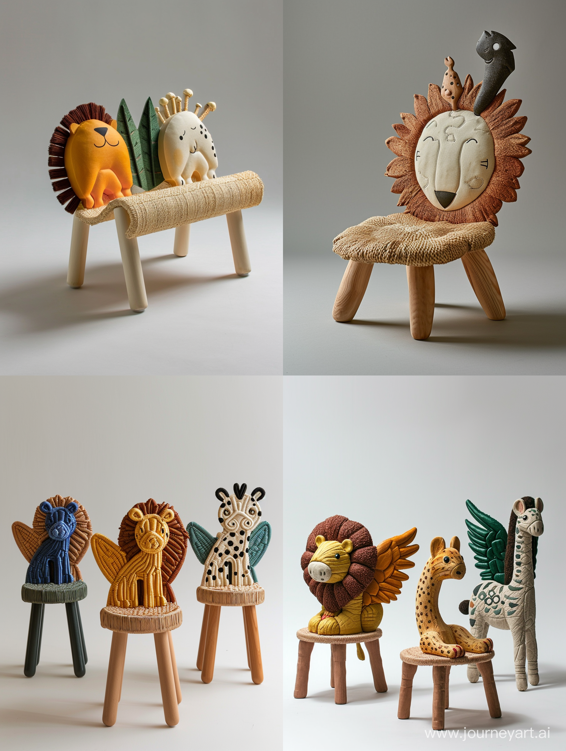 imagine an image of a minimal and perfect structure sturdy children’s chair inspired by Children's drawing of cute safari animals like cute lion or zebra or griffin or cheetah or hippocampus  , with backrests shaped like different creatures. Use recycled wood for the frame and woven plant fibers for seating areas, depicted in colors representative of the chosen animals. The seat should stand approximately 30cm tall, built to educate about wildlife and ensure durability.unreal ,realistic style