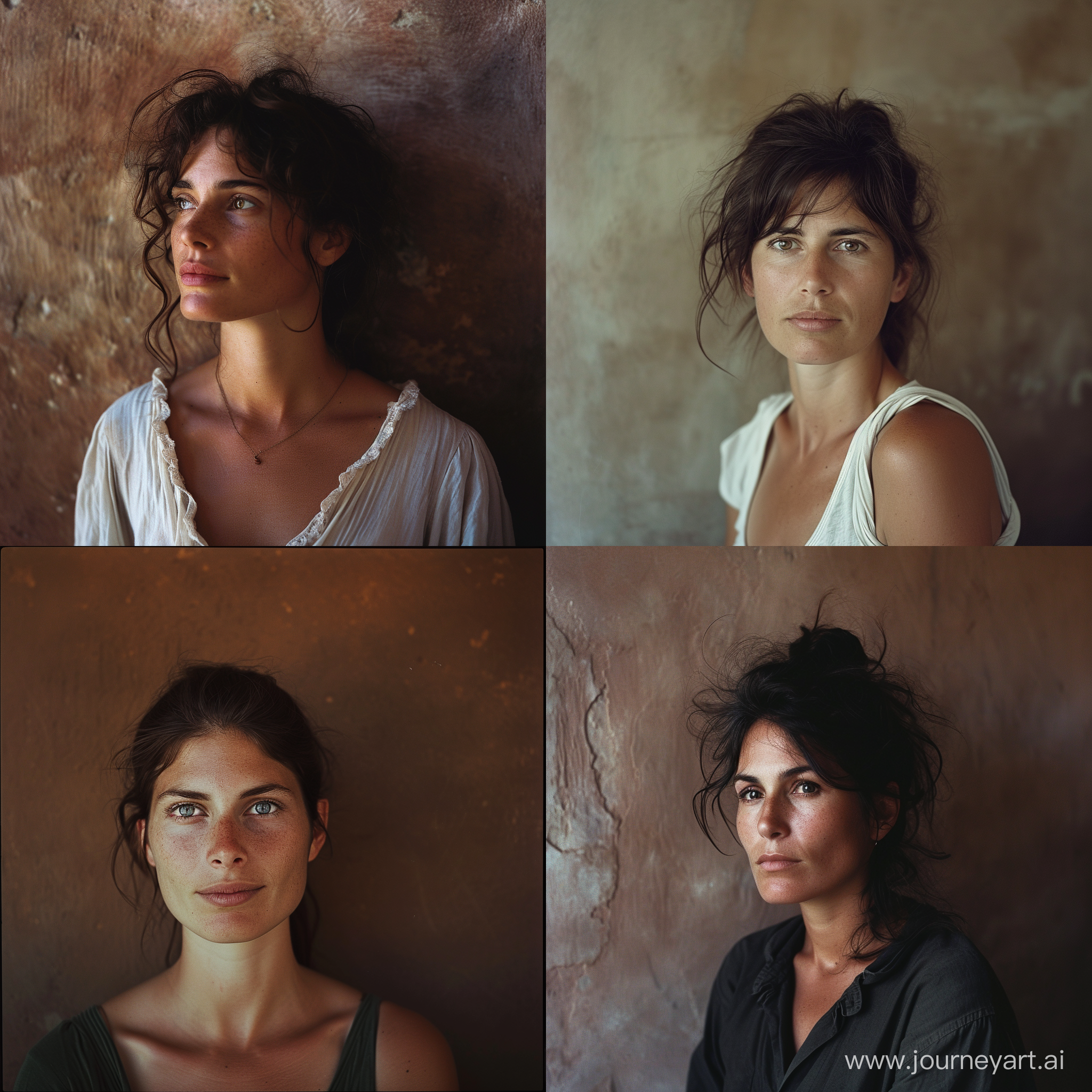  photographic portrait of a 40 years old, Italian woman, in front of a brownish wall; peaceful and relaxed expression; almond eyes, eye contact; summer gentle light. Shot with Kodak Portra 160::3 ; in the style of Peter Lindbergh::2