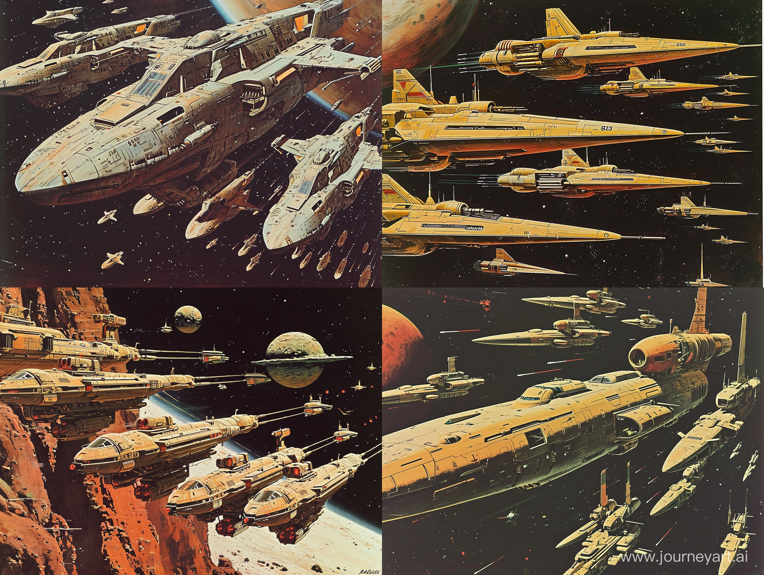 A fleet of long threatening detailed military spaceships in outer space drawn by Ralph McQuarrie. 1977. retro science fiction art. in color.