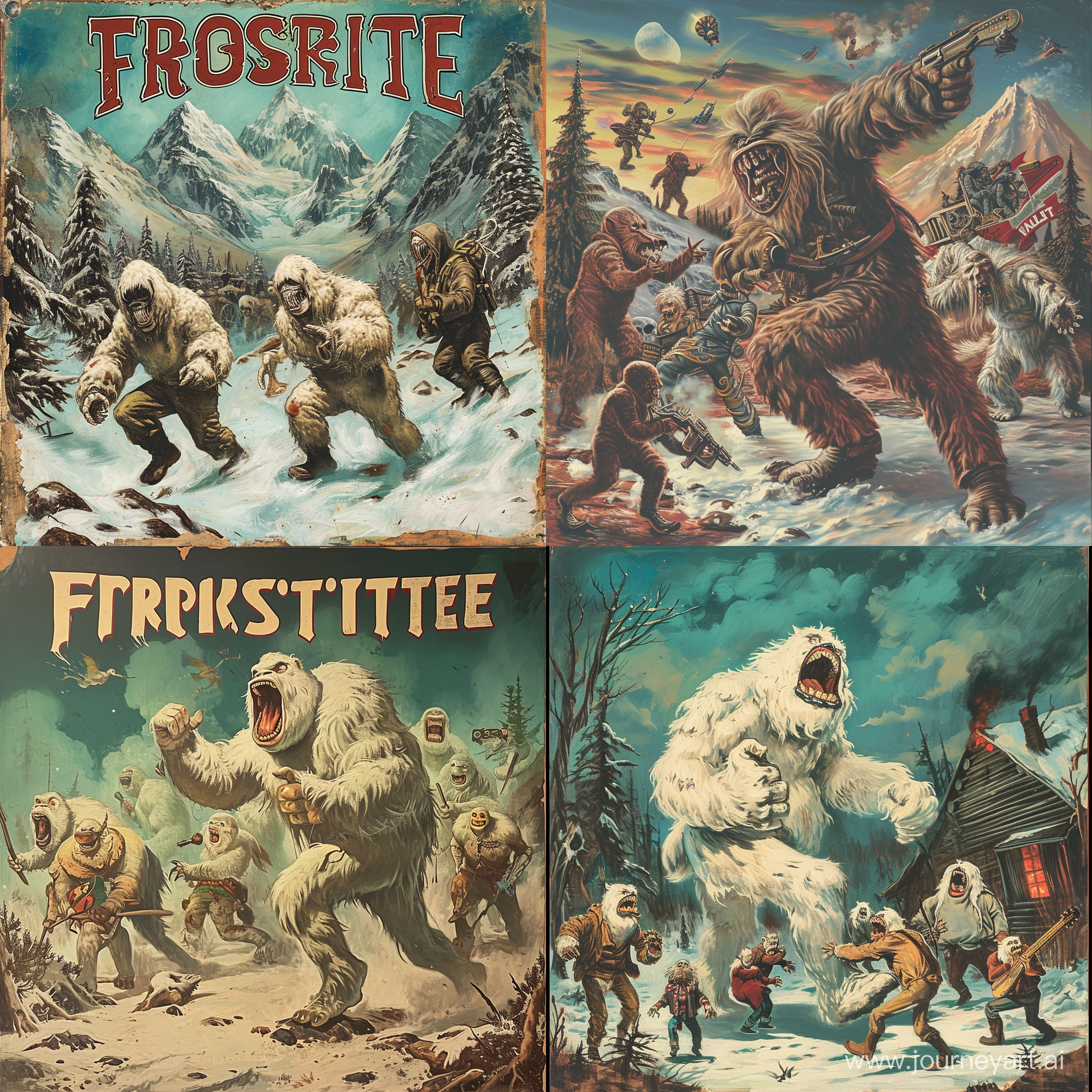 Create the image: An album cover for a stoner doom band, the album is called "Fröstbite", its about a group of yeti invading north america, in the style of a 30s comic, painted