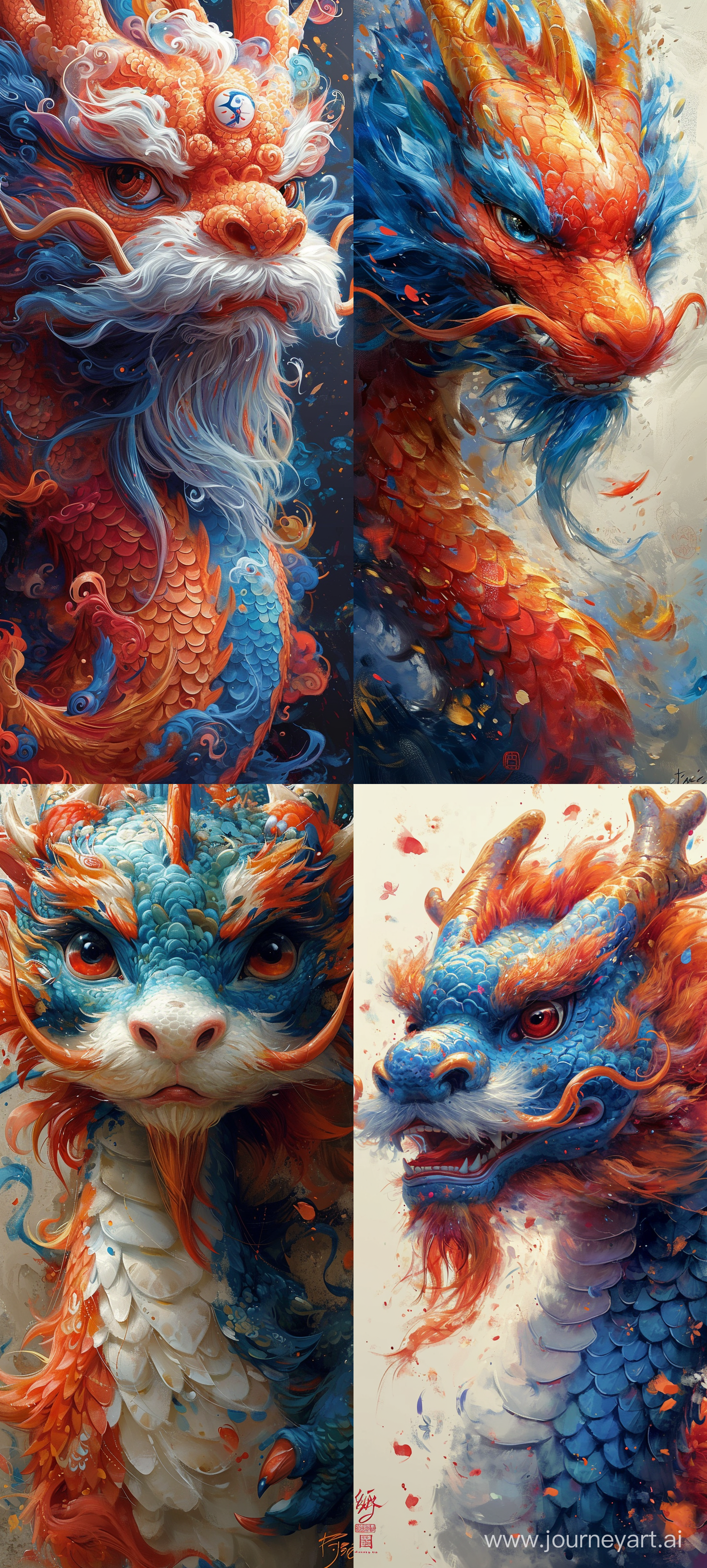 very cute chinese dragon painted by James Jean, Chinese New Year atmosphere，Head close-up, abstract simple lines, illustration, Multi-color, advanced color matching --ar 9:20 --s 1000 --v 6.0