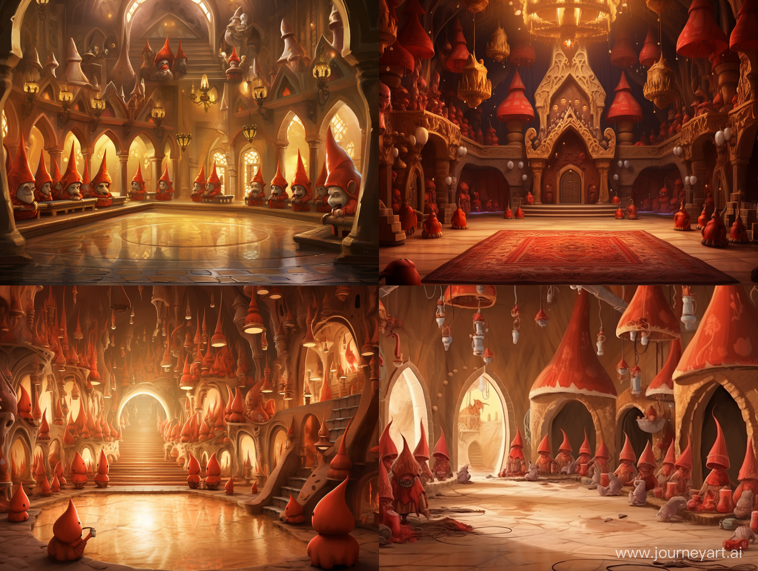 Illustration like a fairytale of a lot of red ugly angry gnomes in arabian golden hall without windows 