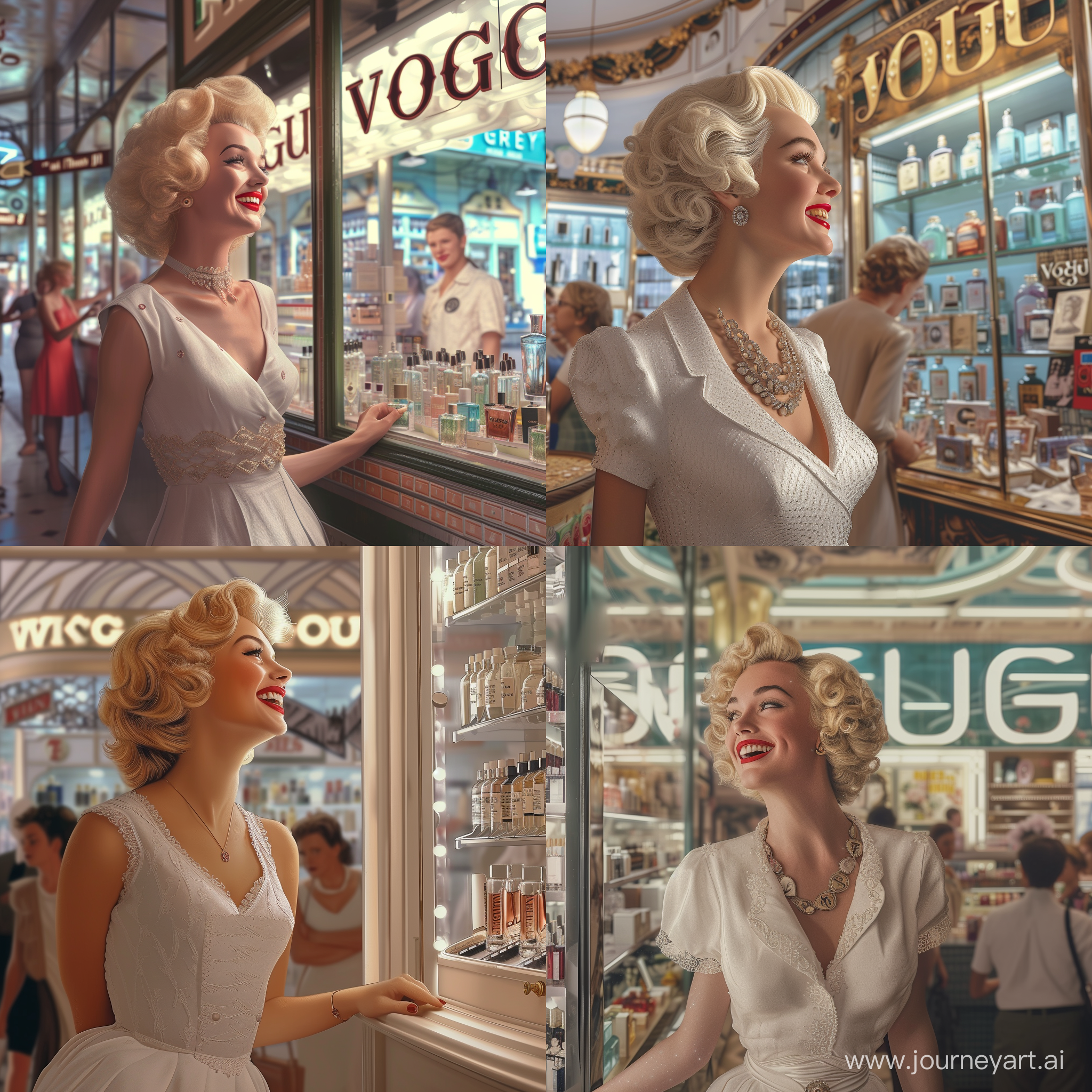 Marilyn Monroe in perfumary, looking vitrines, real, realistic, photorealistic, deatiled, retro, indie, vintage, classic, smile, white Vogue dress, 50s stye, 50s effect, 50s hair and clothes, perfumary background, perfums, people