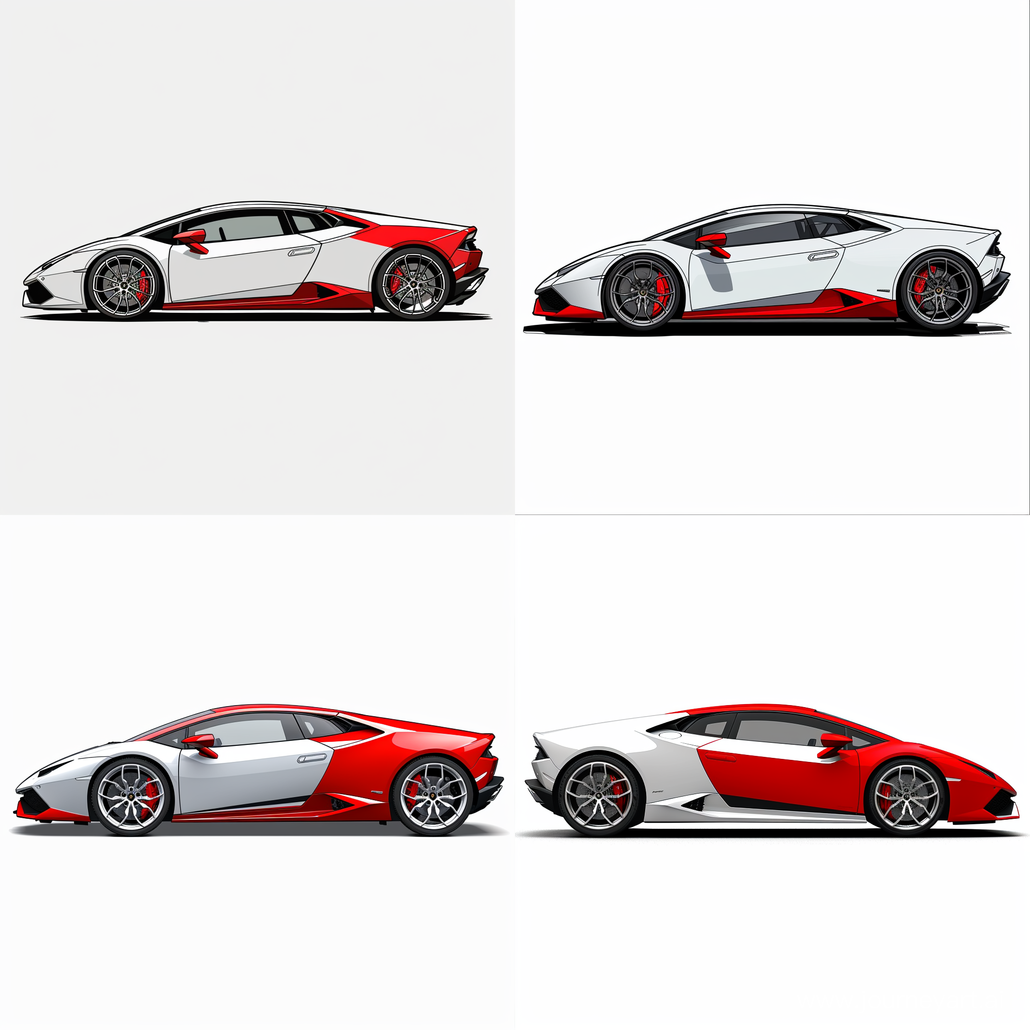 Minimalist 2D Side View Illustration: White & Red Lamborghini Huracan, Simple White Background, Affinity Designer Software, High Precision