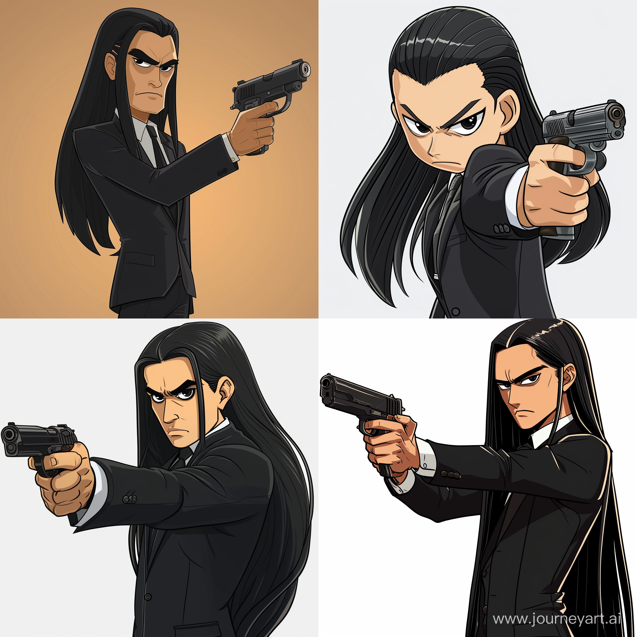 Нарисуй 2d мафиози из мультика с черными  длинными заправленными волосами назад, человек из гта 5 с пистолетом в руках, в черном костюме с моноклем.