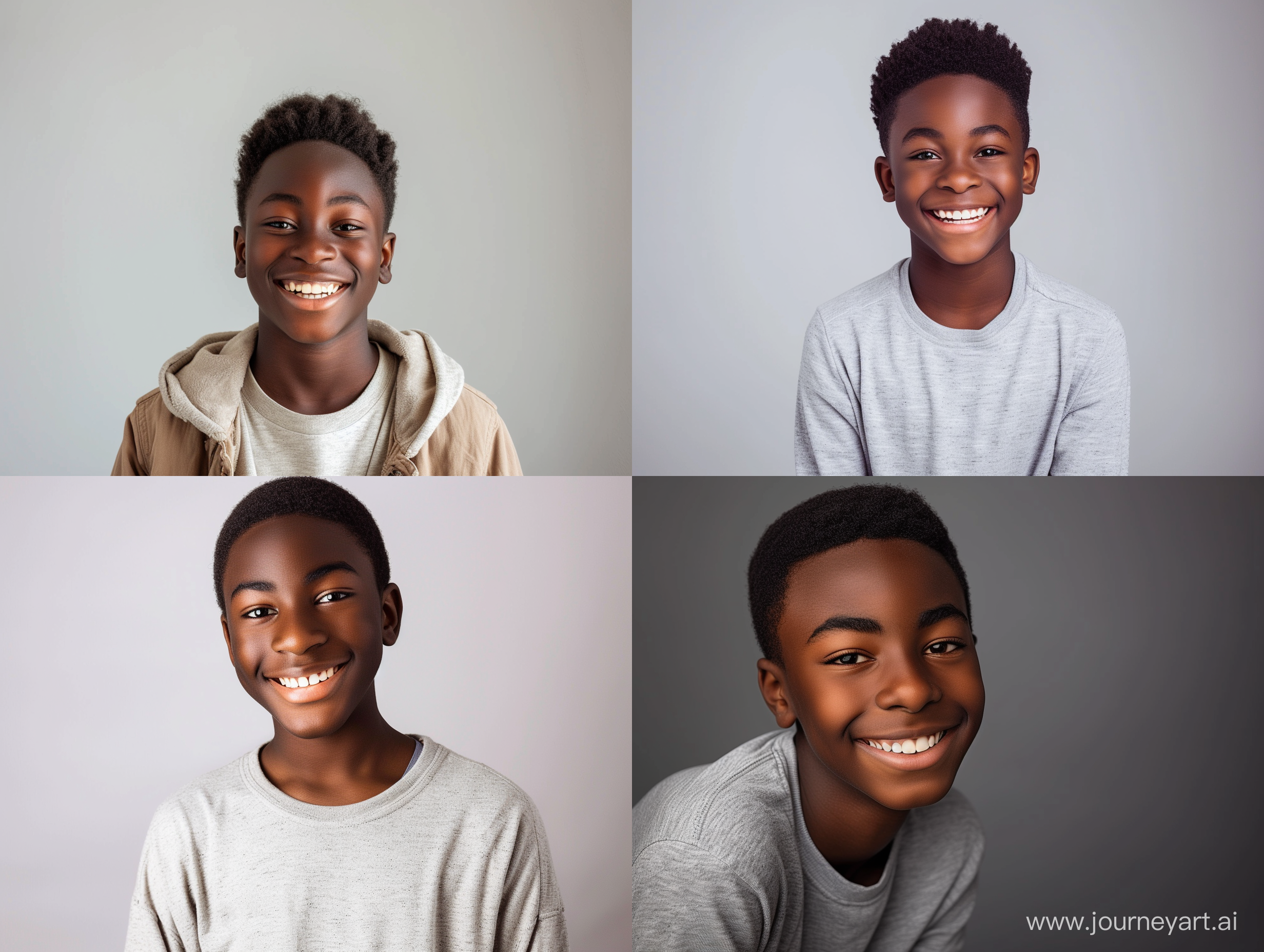 Generate a photorealistic, inspiring and relatable image of a smiling 13-year-old black dark skinned teenage boy from the waist up who exudes confidence and approachability. This will be the brand image for a mentorship organization that aims to empower teenagers. Use natural lighting, beautiful clothing styles, and authentic facial expressions to create a compelling image that resonates with the target audience. The image should look like it was taken by a canon 6d mk II 105mm lens