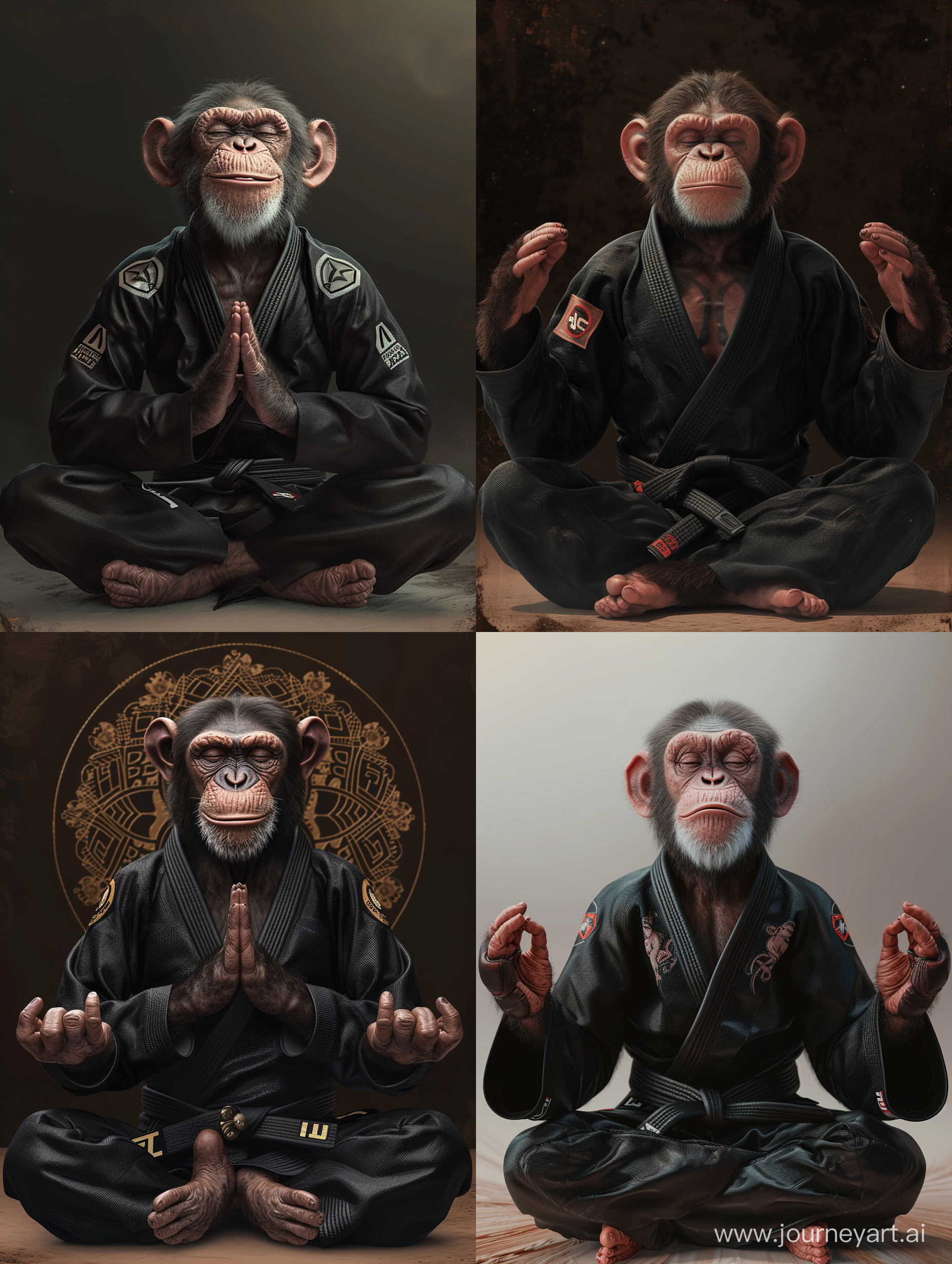 Photo realistic A monkey wearing a black Brazilian jiu jitsu gi. He is meditating with his legs crossed and palms together in a praying position. He has a devilish grin on his face. He is looking at the viewer, symmetry, cosmic