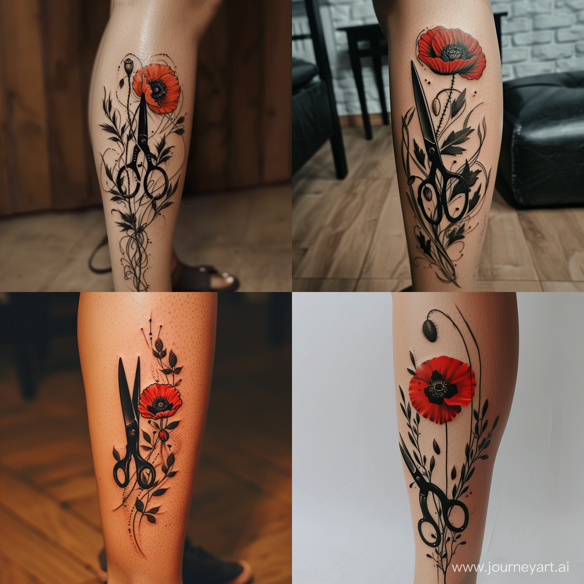 tattoo for leg. black  scissors and poppy flower with black leaves.  (use only red and black colors), the design should be light, delicate, semi-contour