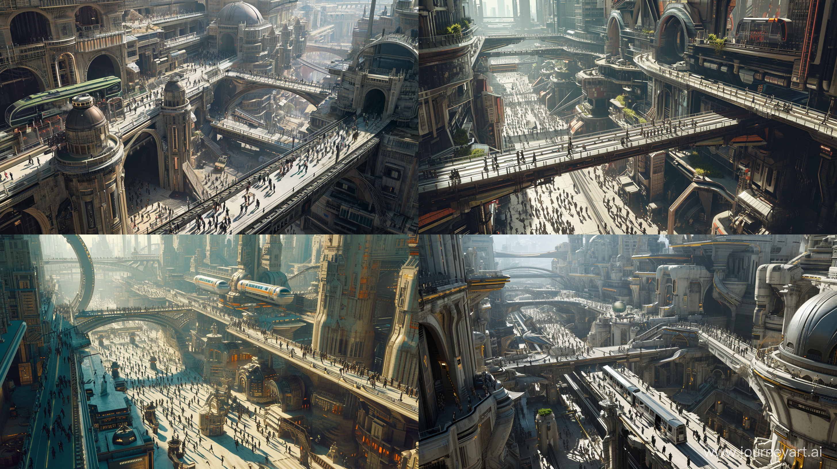 Drone view of Neo Babylon cyberpunk metropolis, futuristic architecture, high density buildings, tunnels, monorail trains, elevated bridges, people everywhere walking elaborate catwalks, intricate details, highly detailed, ethereal environment, hyper-detailed architecture, photorealistic, octane render, unreal engine, in the style of Tsutomu Nihei and Steve McDonald, 8k --ar 16:9 --v 6.0