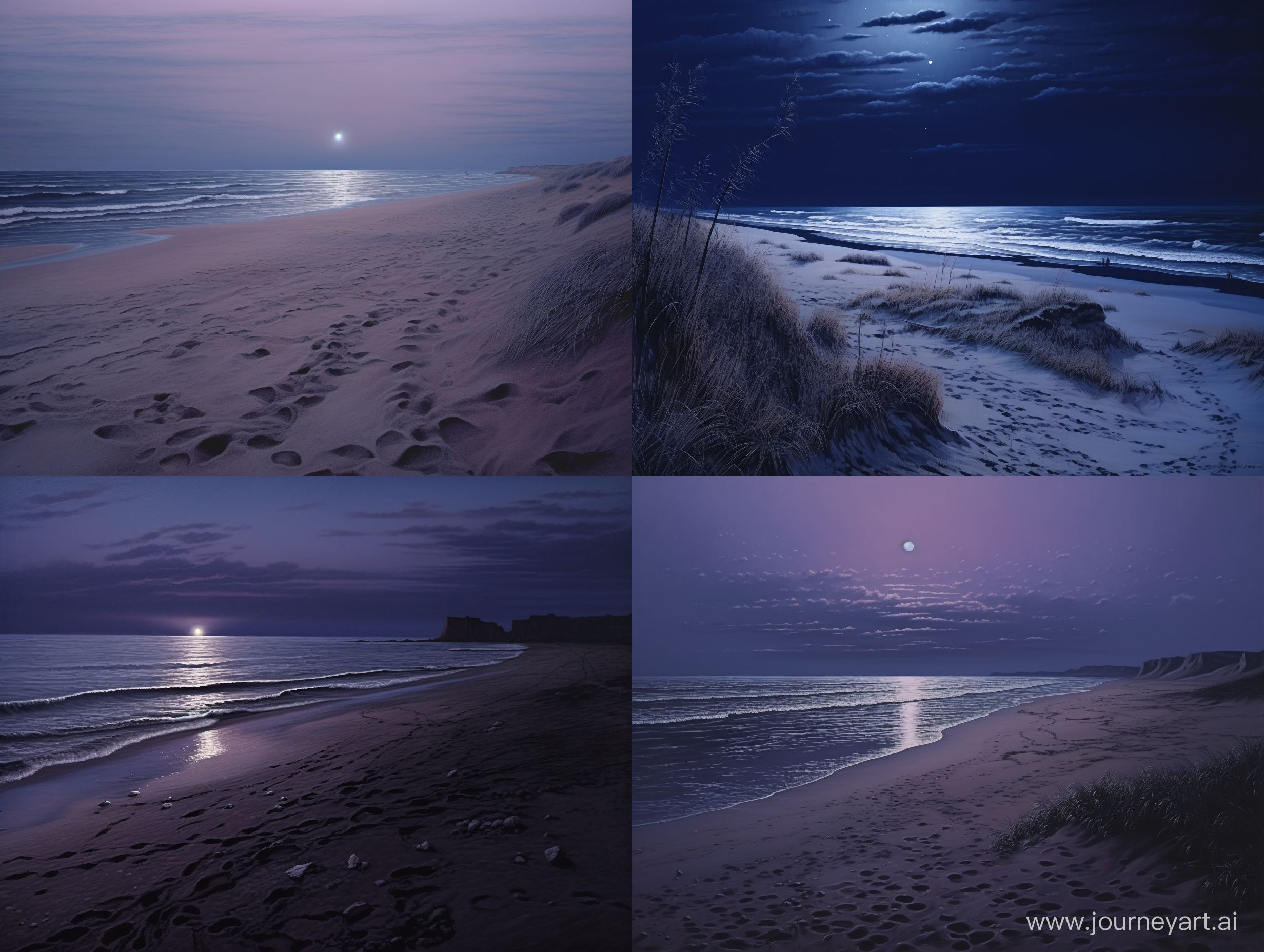 ночь, берег северного моря, тёмно синие и немного лёгкие фиолетвые тона, тёмный песок