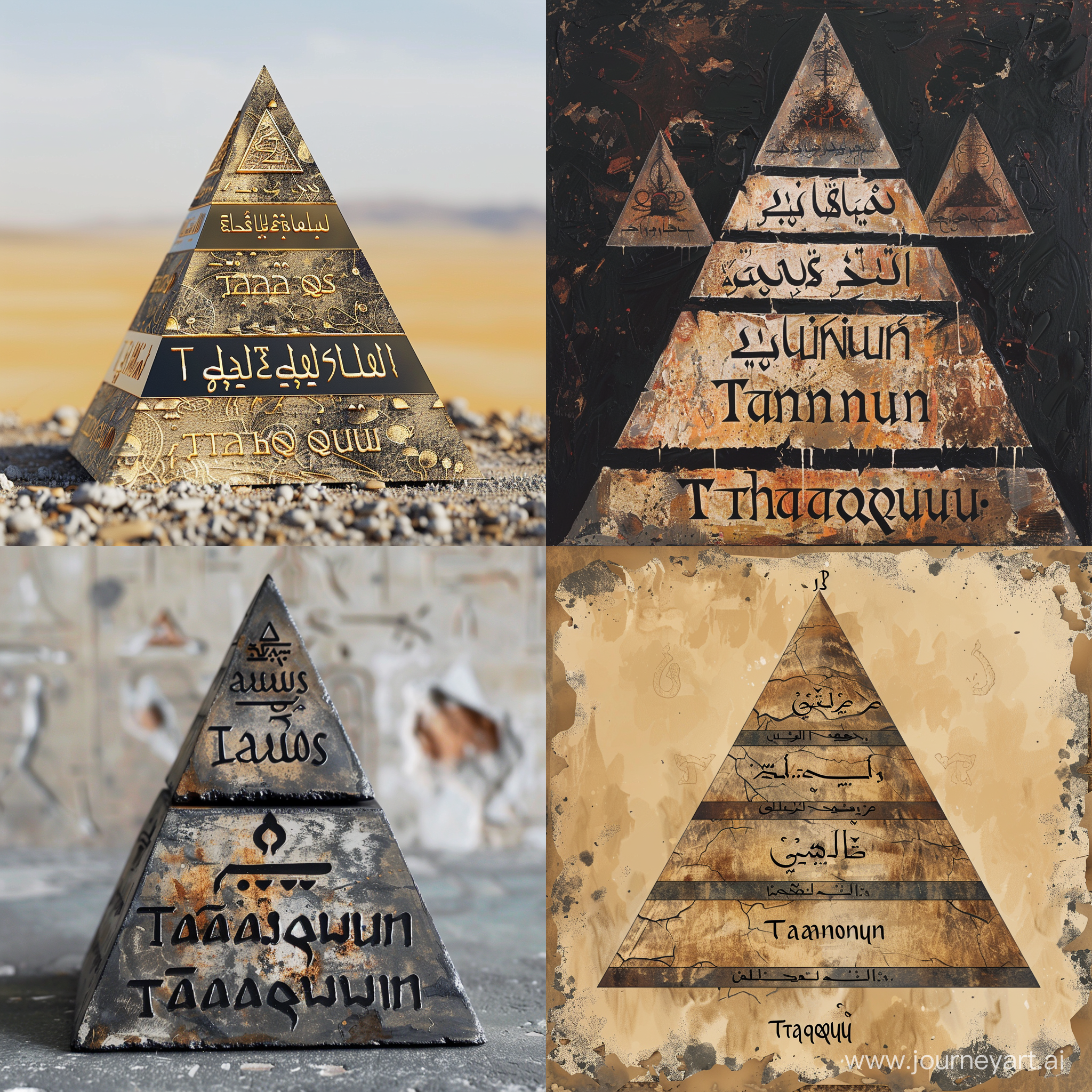 A pyramid with three levels, written at the bottom level the word takhassus, and the middle level the word tafannun and the upper most level  the word tathaqquf