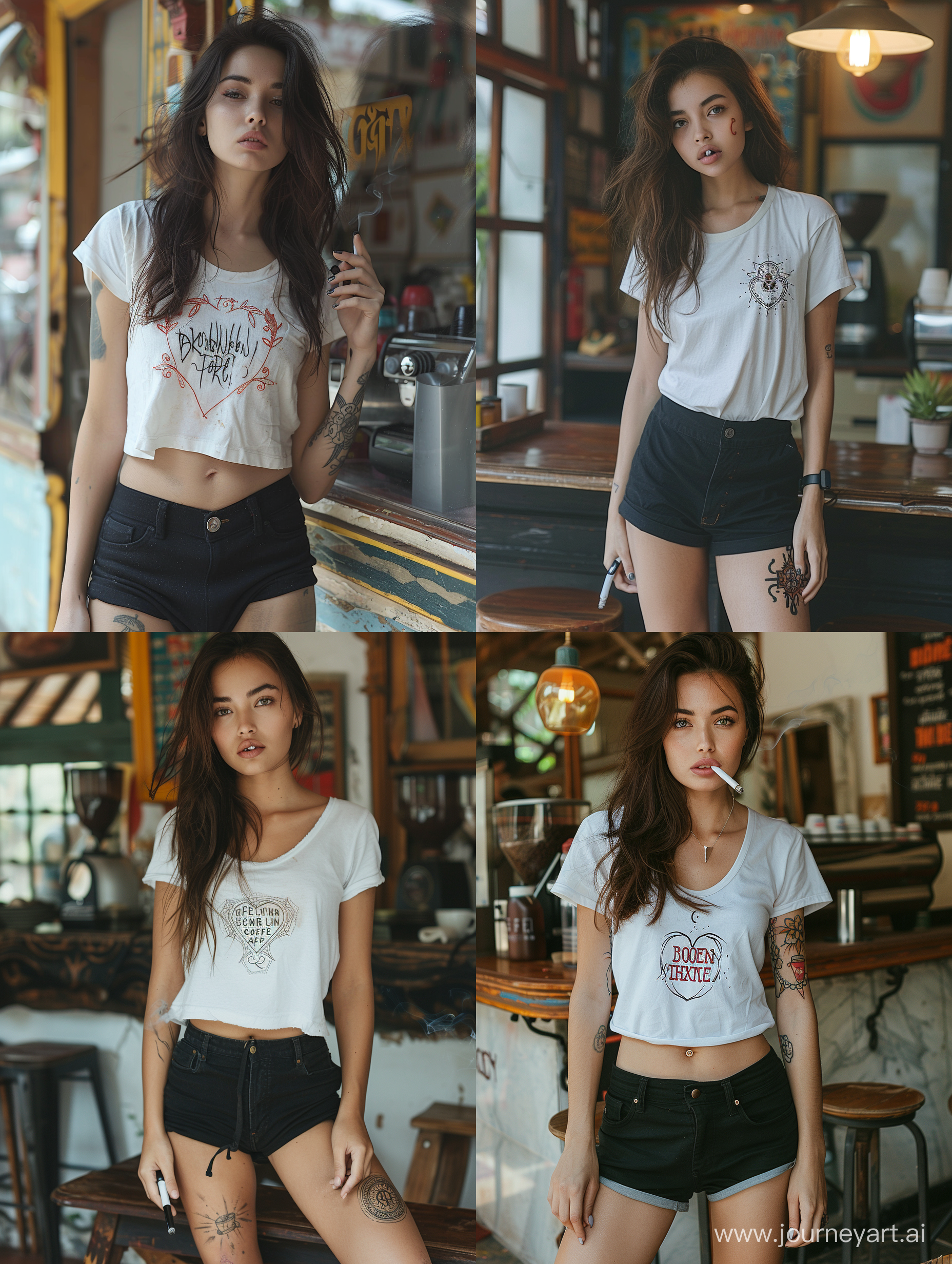 asian woman in white t-shirt ,black shorts,smoking electric cigarette,in front of coffee shop in nepal,thai pattern tattoo,typography "broken heart" --s 777
